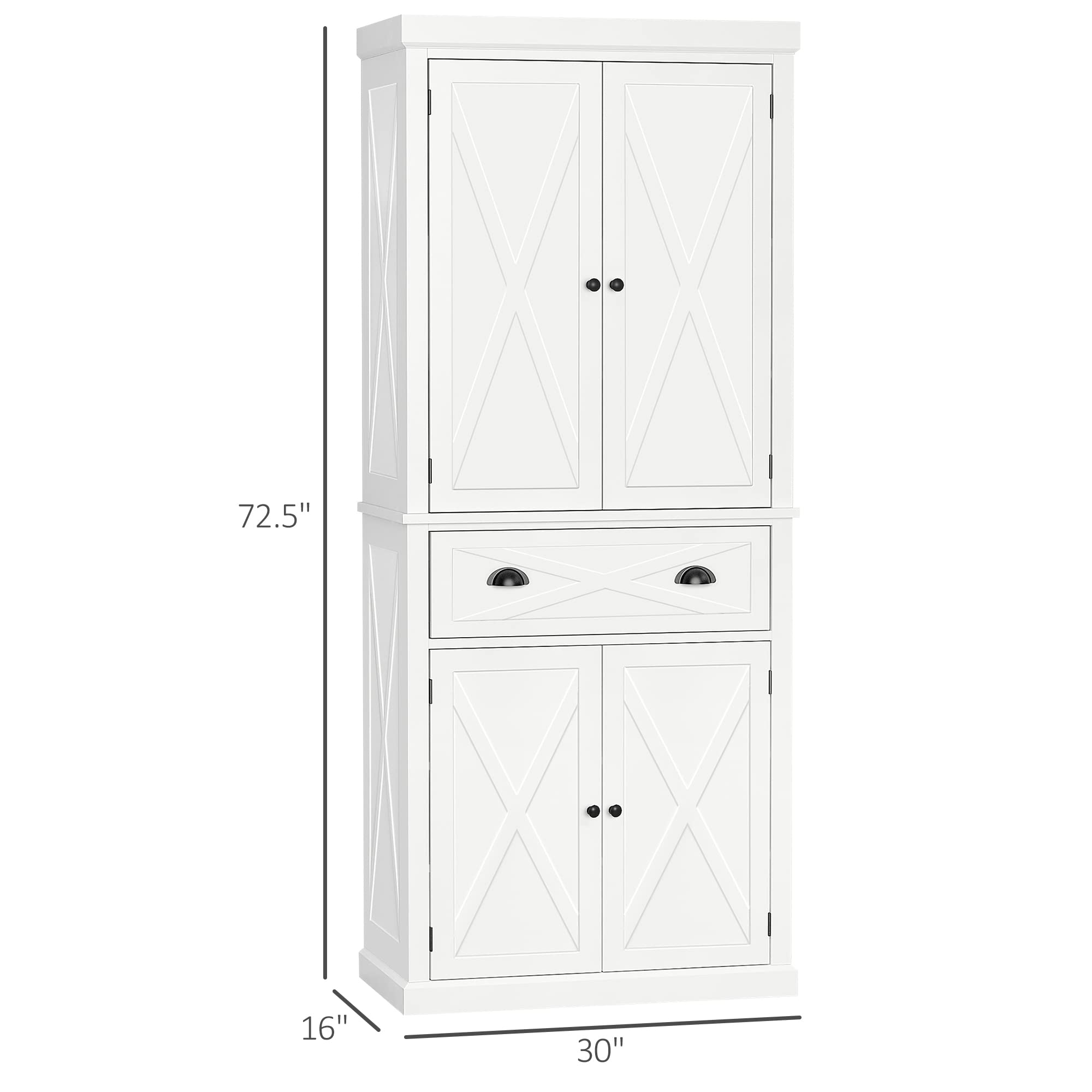 HOMCOM 72 Inch White Kitchen Pantry Cabinet - Freestanding Storage Cupboard with 4 Doors, 3 Adjustable Shelves & Large Drawer - X-Frame Design for Dining Room, Kitchen Organization & Home Storage