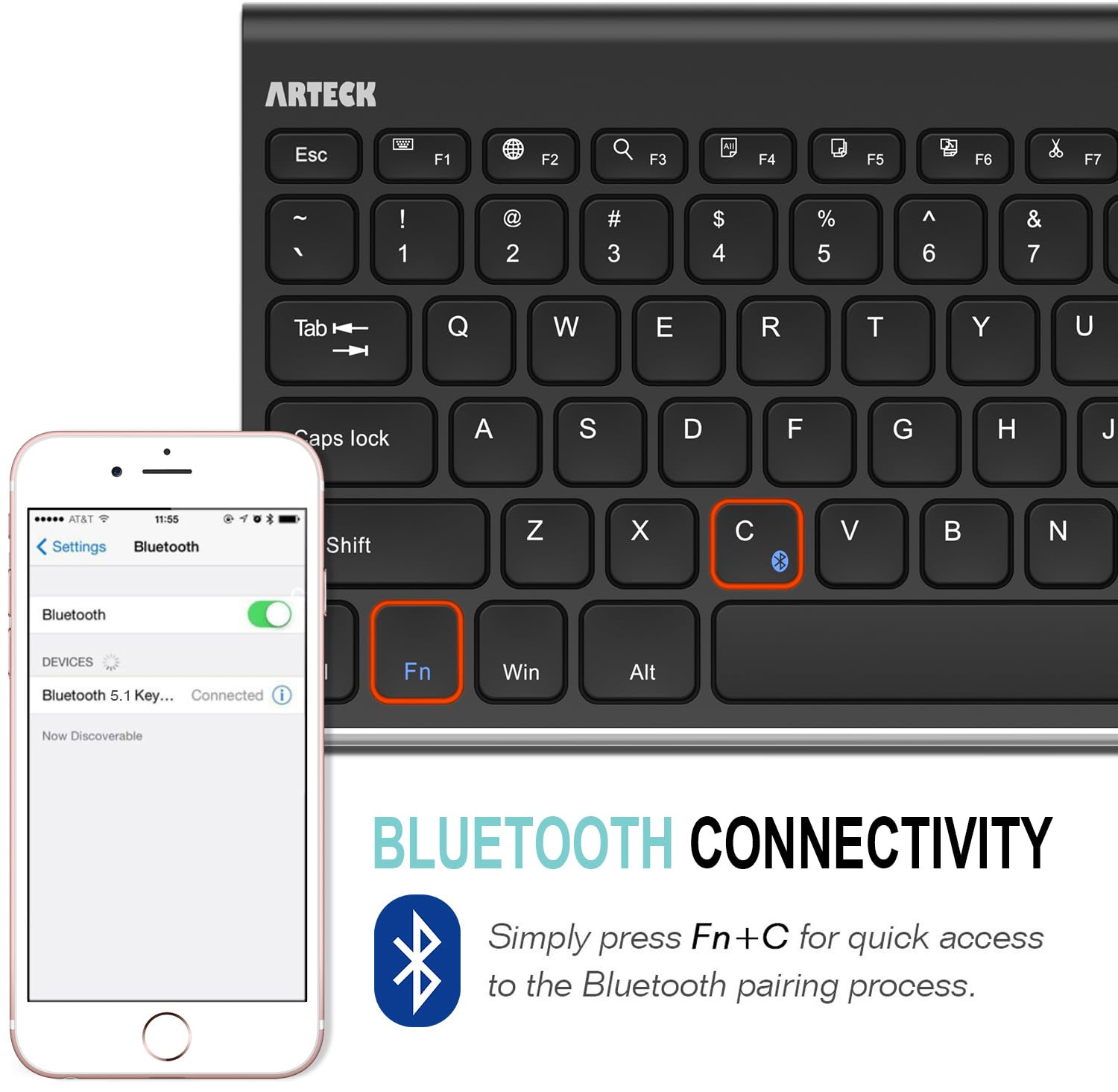 Arteck Universal Wireless Bluetooth Keyboard - Stainless Steel, Rechargeable, Compatible with iOS iPad Air/Pro/Mini, Android, Windows Tablets & Smartphones | Portable for Home, Office & Travel Use