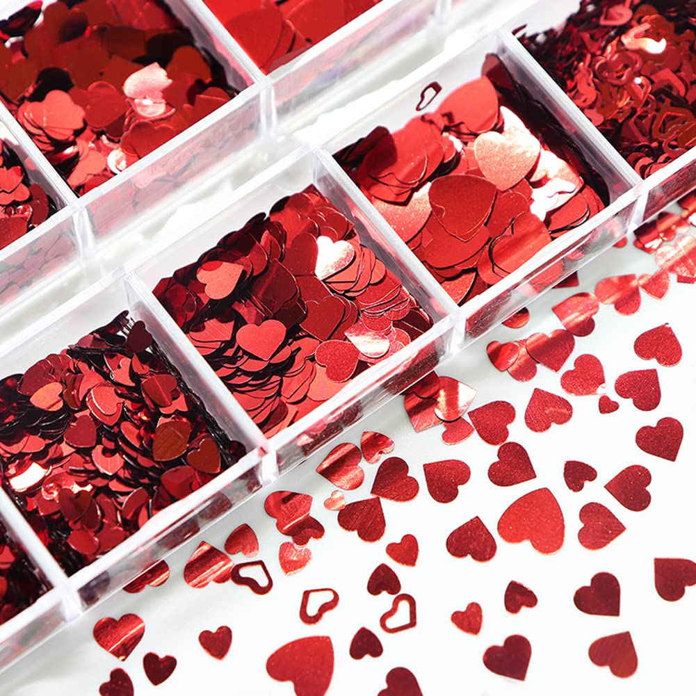 Valentine's Day Heart Nail Art Glitters - Holographic Red Heart Sequins & Flakes for Acrylic Nails - 12 Grid Manicure Decorations Kit - Perfect for Valentine's Manicures, DIY Nail Art & Party Nail Designs
