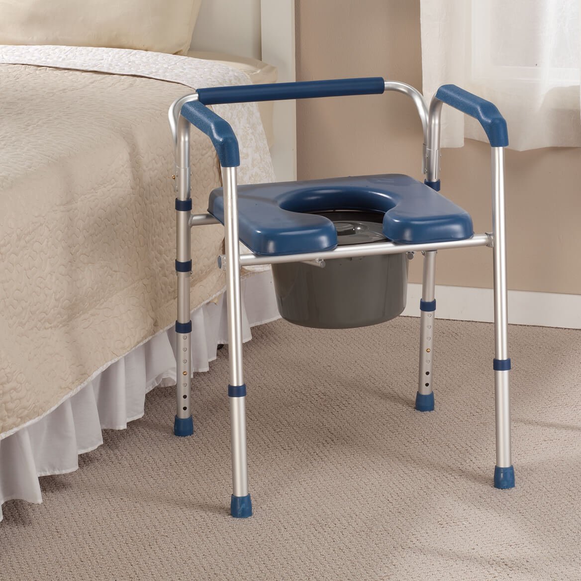 Portable Folding Commode Chair with Padded Seat - Adjustable Height Bedside Toilet for Elderly & Disabled - Ideal for Home Care, Hospital Use & Travel