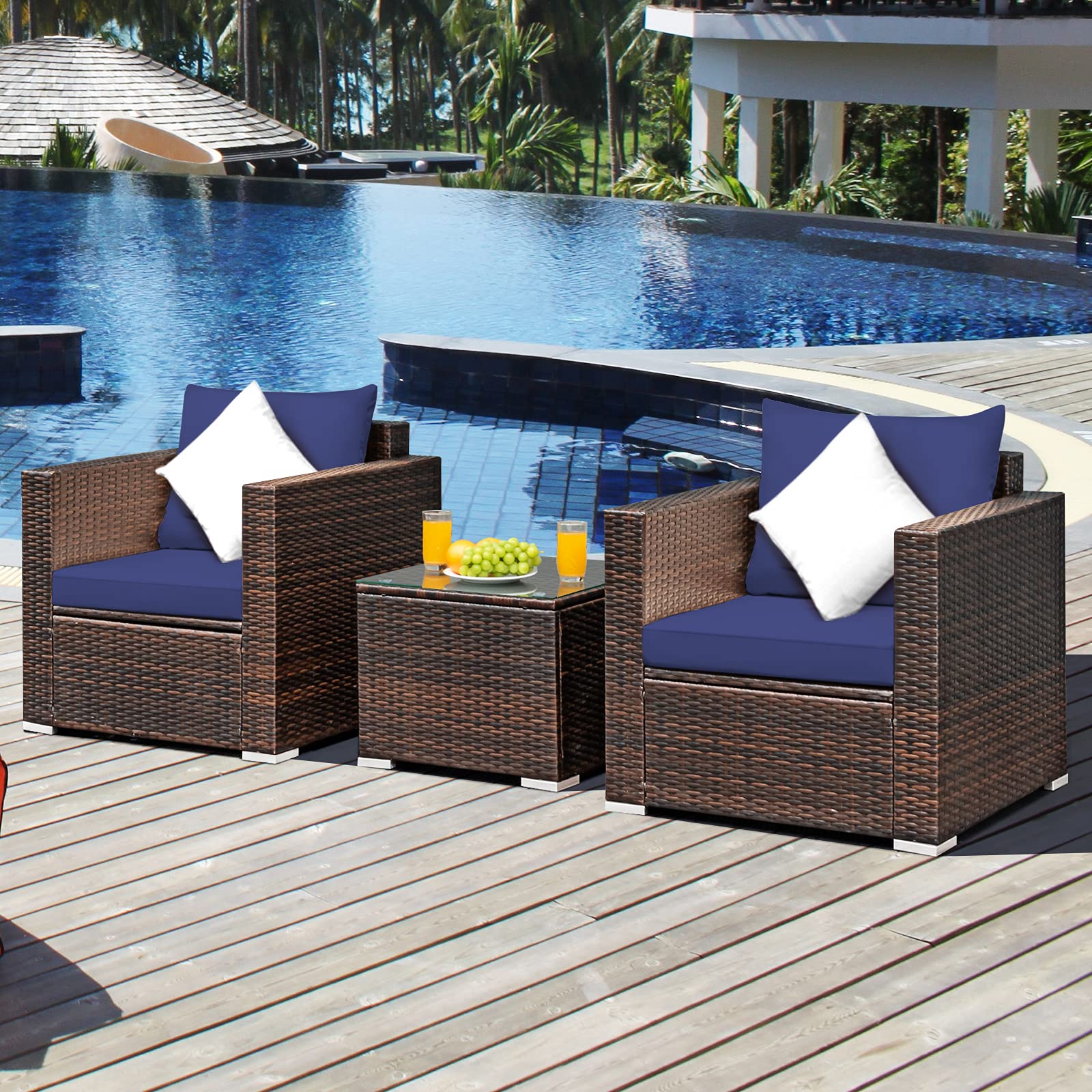 Tangkula 3-Piece Outdoor Patio Furniture Set - PE Rattan Wicker Sofa with Washable Cushions & Tempered Glass Table - Garden, Poolside, Balcony Conversation Set for Relaxing & Entertaining