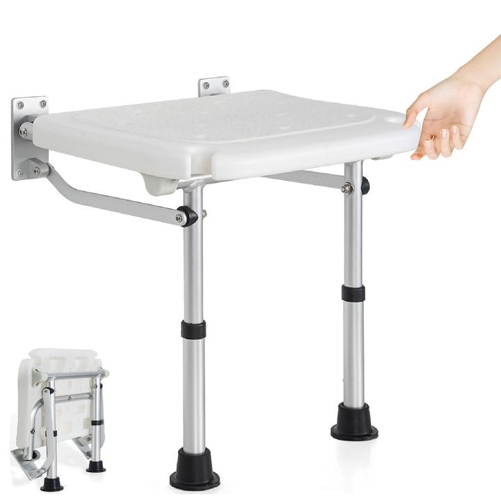 BQKOZFIN Adjustable Height Wall Mounted Folding Shower Seat - Foldable Shower Chair for Elderly & Disabled - Space Saving Bathroom Stool for Small Showers, Bathtubs & Tight Spaces - Ideal for Seniors Safety & Compact Bathroom Storage