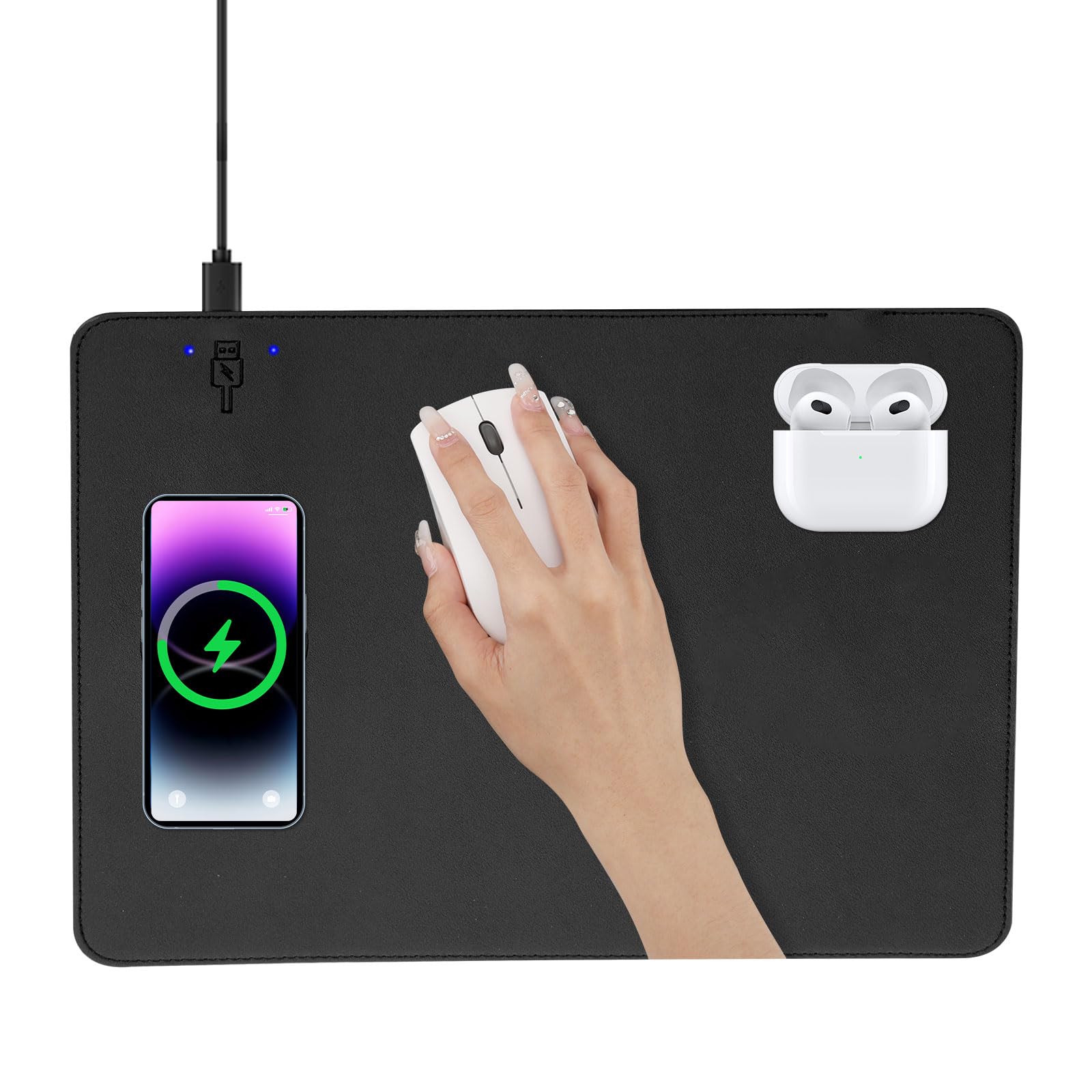 Firelison 2-in-1 Wireless Charging Mouse Pad - Leather Office Desk Mat with Non-Slip Rubber Base, Waterproof Computer Desk Accessory for Work & Home (12