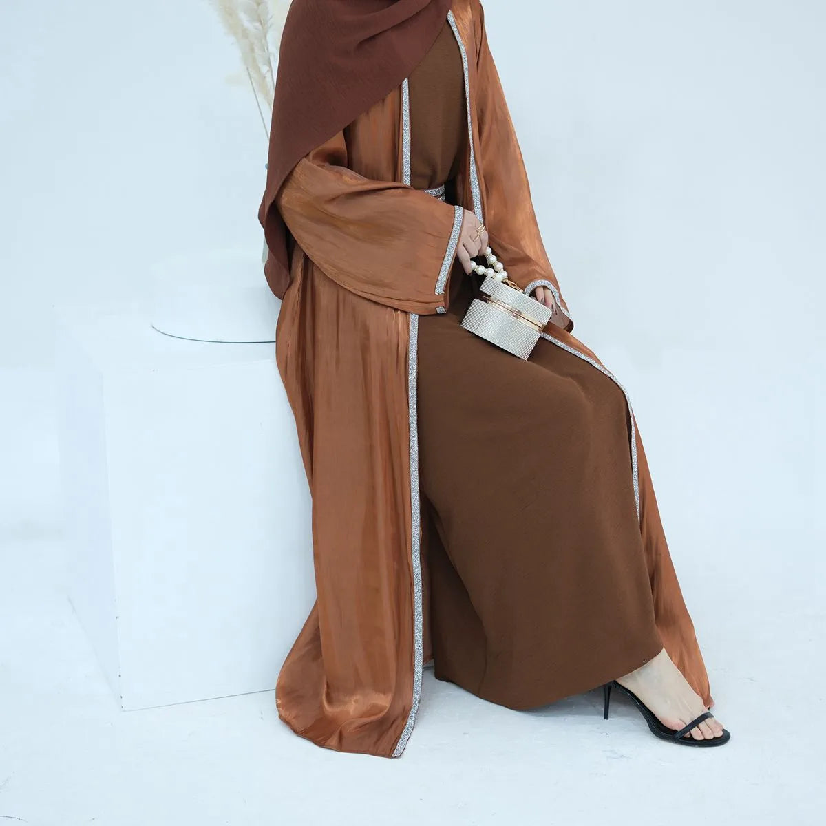 2-Piece Hotfix Rhinestone Sparkling Open Abaya Dress Set with Inner Dress - Perfect for Weddings, Parties & Special Occasions