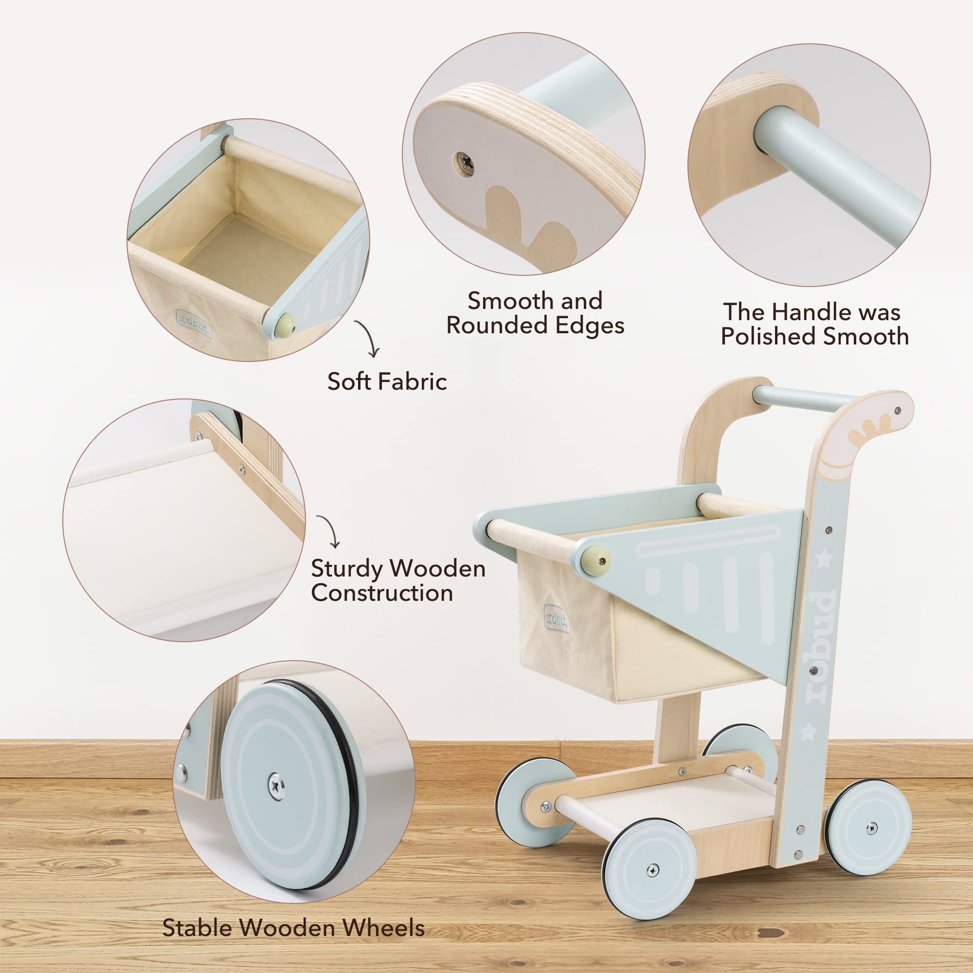 ROBOTIME Wooden Baby Push Walker & Shopping Cart Toy - Learning to Walk Assistant for Toddlers 10+ Months - Perfect for Boys & Girls - Encourages Early Walking & Playtime Fun at Home or Daycare