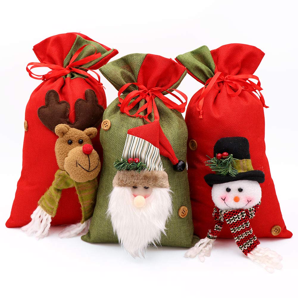 OurWarm 3D Santa Claus Snowman Reindeer Christmas Gift Bags Bulk - 15x8 Inch Large Drawstring Burlap Sacks, Reusable Xmas Party Treat Goody Bags for Holiday Gifting, Stocking Stuffers & Festive Decorations