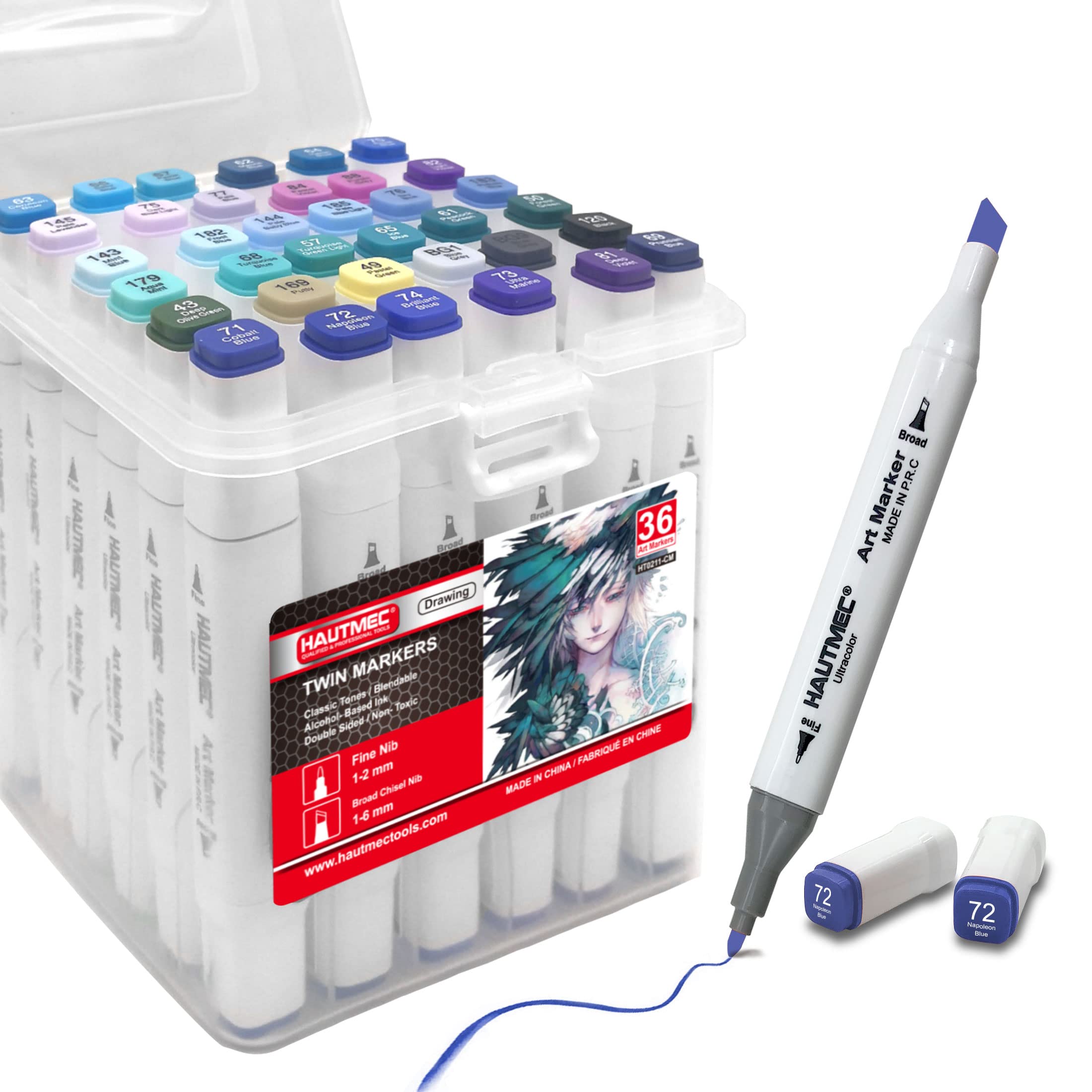 HAUTMEC 36 Blue Tone Brush Tip Alcohol Markers Set - Dual Tip Art Markers for Adult Coloring Books, Kids Drawing, Sketching, Card Making & Illustration (HT0211) | Perfect for Artists, Students & Craft Enthusiasts