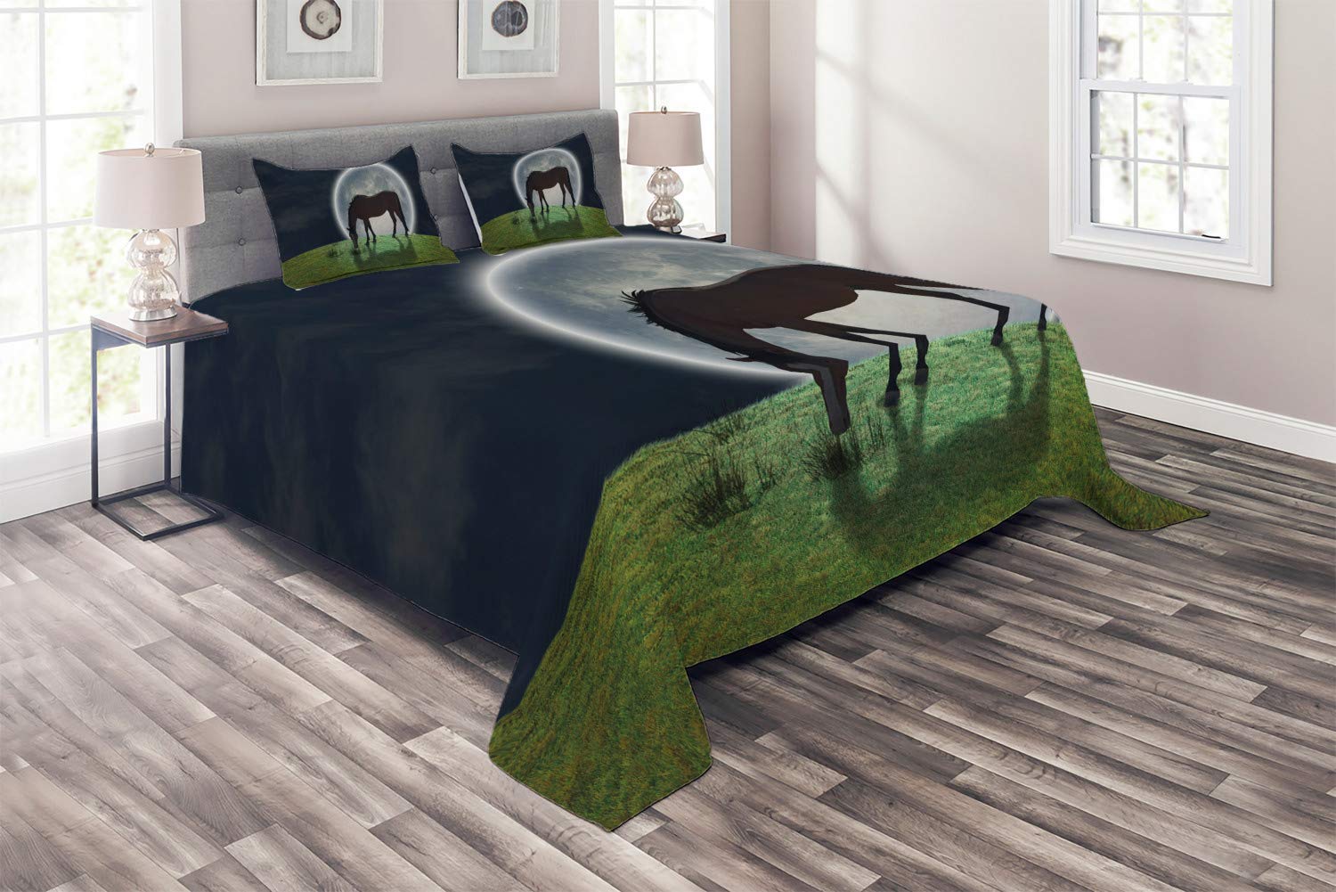 Ambesonne Farm Animal Quilt Set - King Size 3 Piece Bedspread with 2 Pillow Shams, Cartoon Horse on Hill Night Scene with Moon Design in Dark Night Blue Olive Green Chocolate Blue Grey - Perfect for Farmhouse, Nursery or Country Themed Bedroom Decor
