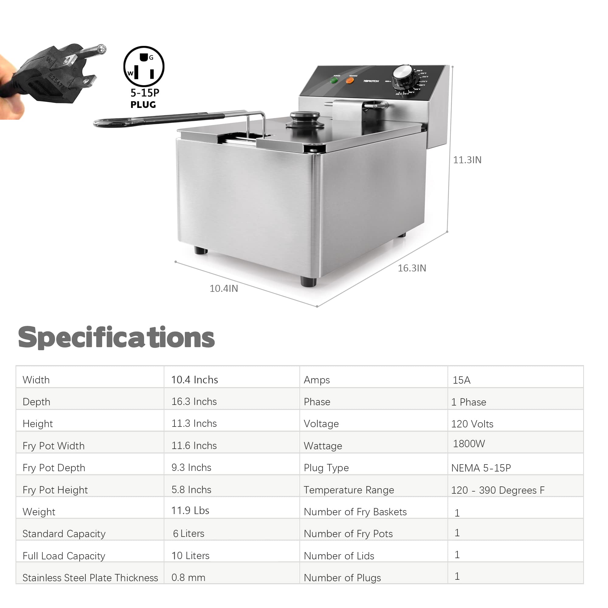 1800W Electric Deep Fryer with Basket & Lid - 10L (10.5QT) Stainless Steel Countertop Fryer for Home Use | Easy to Clean Oil Fryer 120V | Perfect for Frying Chicken, French Fries & Donuts