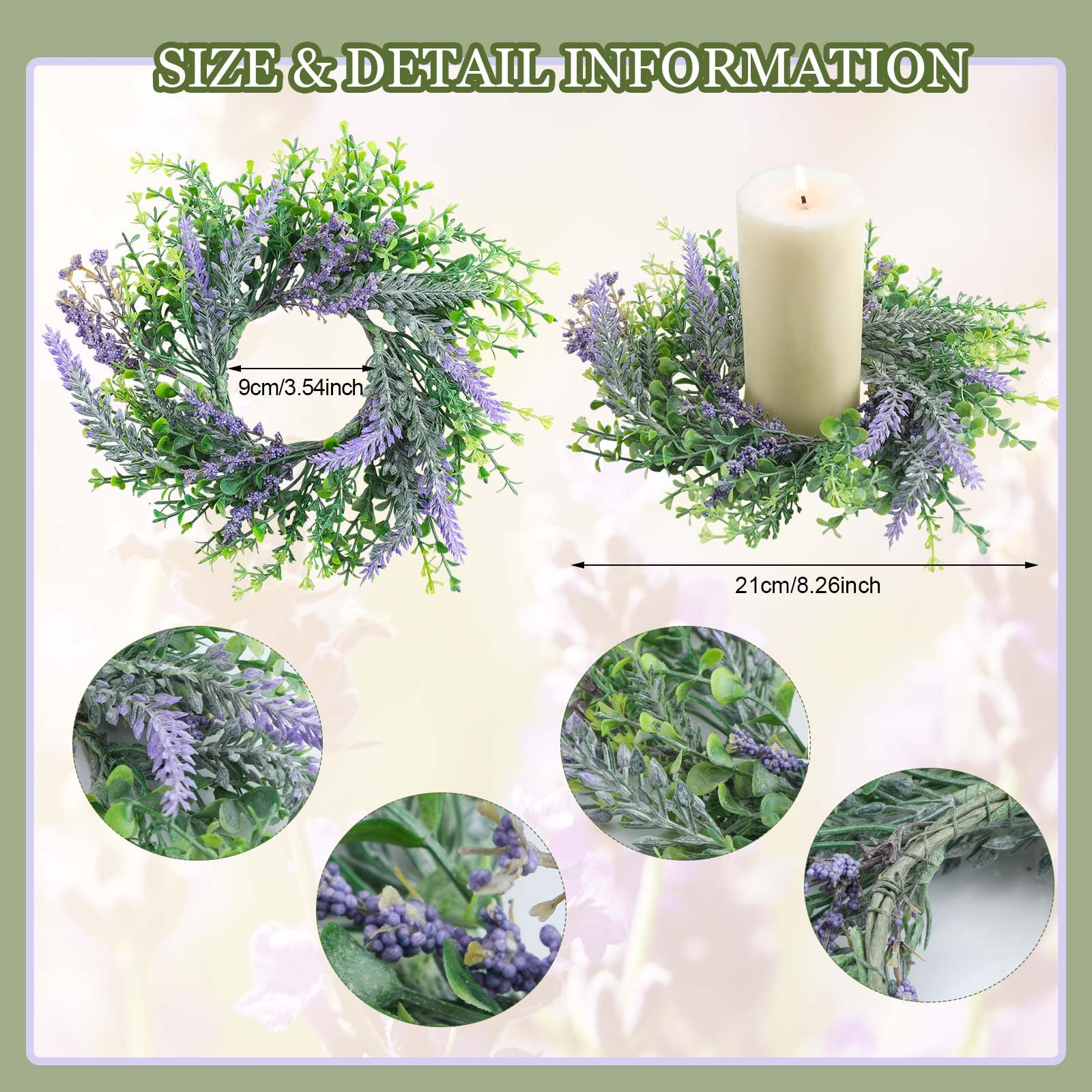 Jexine 8-Piece Lavender Candle Rings Set - Artificial Floral Pillar Candle Wreaths for Valentine's Day, Weddings & Seasonal Home Decor | Perfect for Front Door Decor, Party Centerpieces & Tabletop Displays