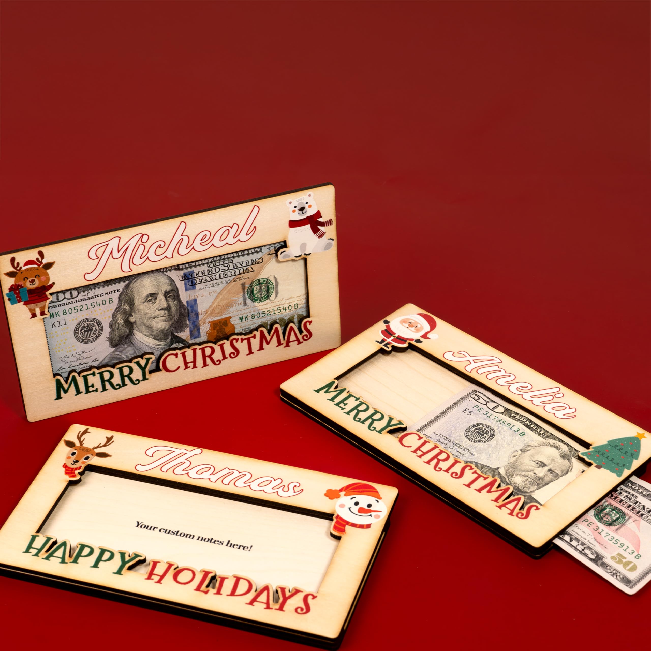 Personalized Christmas Money Holder - Custom Wooden Cash Gift Envelope with Name - Double Layer Design (6 Styles) - Perfect for Holiday Gifts, Stocking Stuffers & Christmas Presents