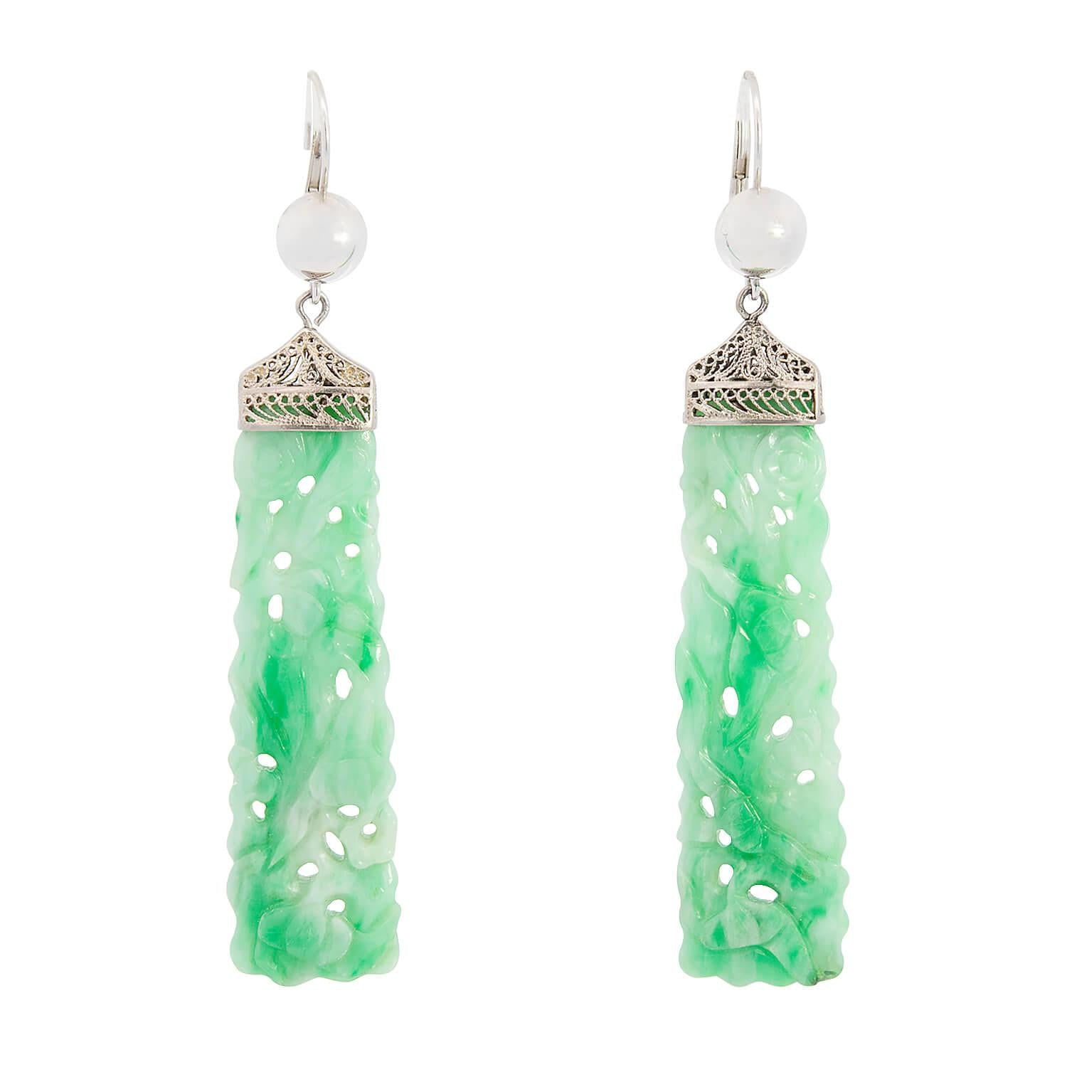 Art Deco 14k Gold/Platinum Carved Jade Drop Earrings for Women - Vintage Style Jewelry Gift for Wedding, Party & Special Occasions