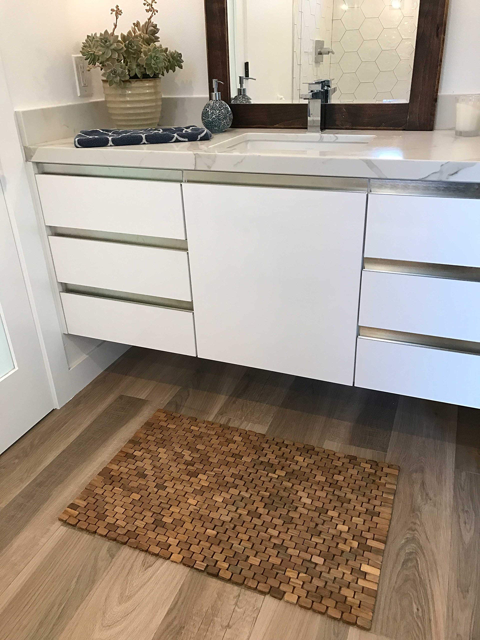 Premium Teak Wood Bath & Shower Mat - Natural Water-Resistant Indoor/Outdoor Bathroom Floor Mat for Spa, Poolside & Patio Use