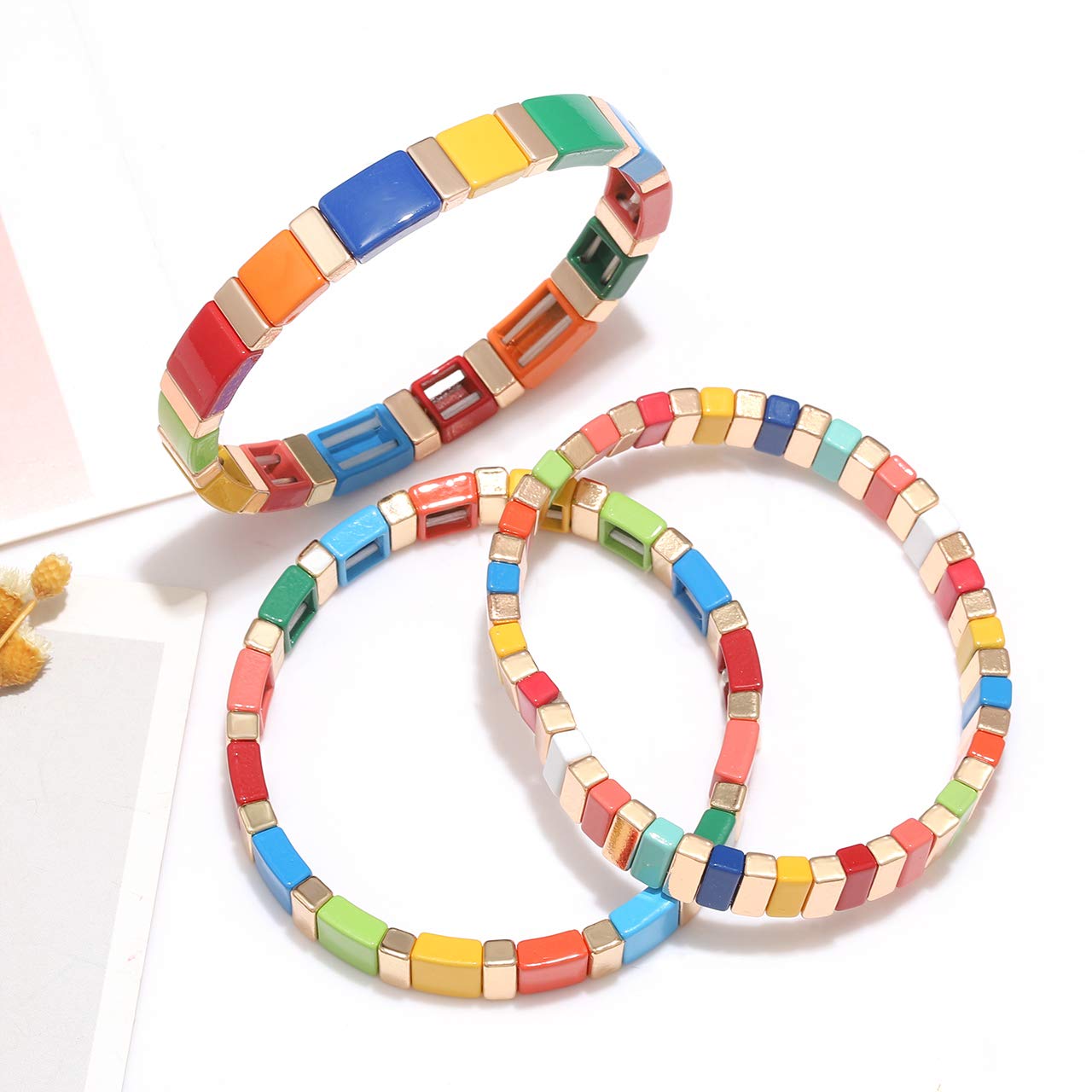 ANGLESJELL Enamel Tile Bracelets - Rainbow Colorful Rectangle Beaded Stretch Bracelets for Women & Girls, Stackable Layered Bangle Jewelry - Perfect for Casual Wear, Gift Giving, and Festival Outfits