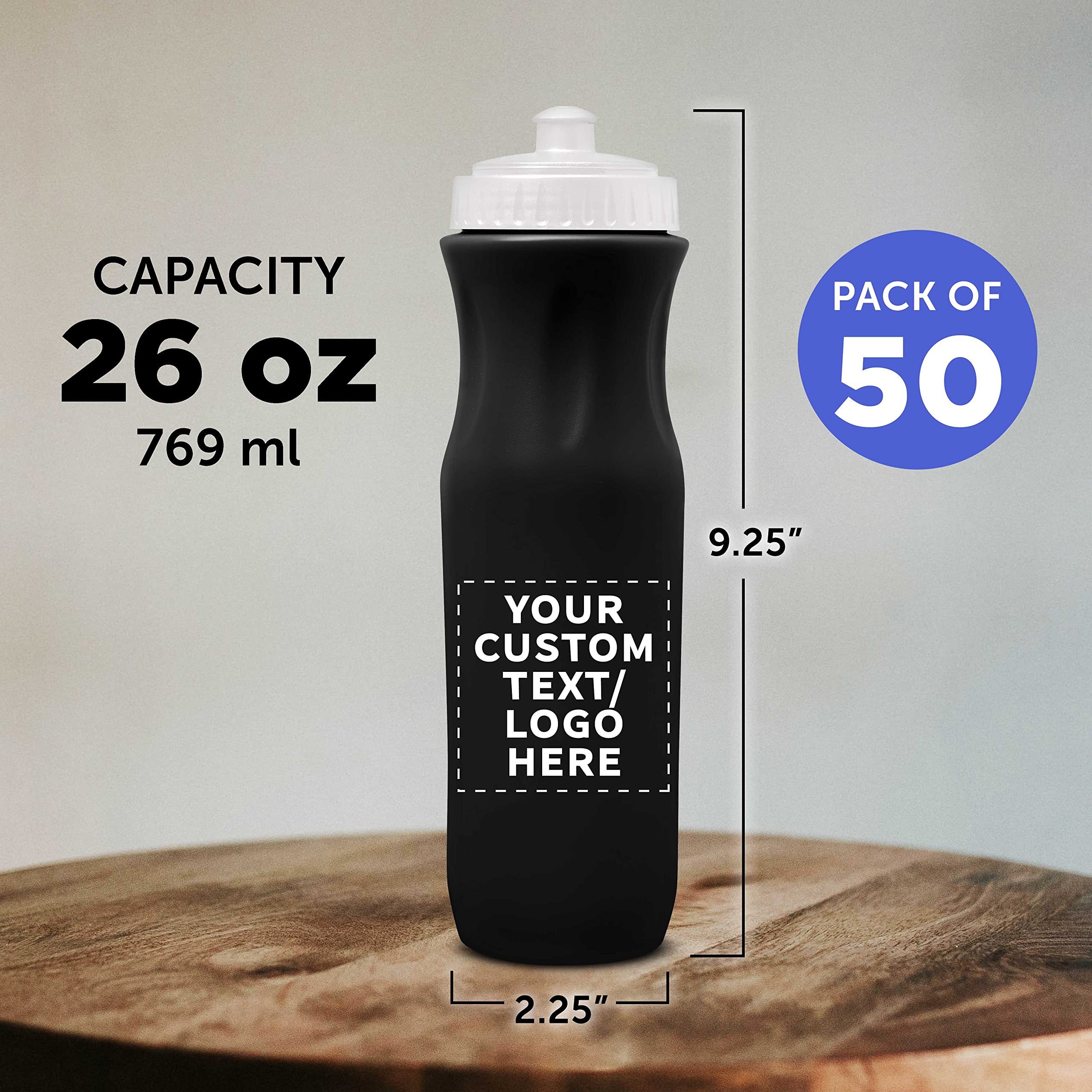 50 Pack 26oz Plastic Water Bottles with Custom Text & Logo - Black Push Top Lid - Bulk Reusable Water Bottles for Sports, Gym, Office & Outdoor Activities