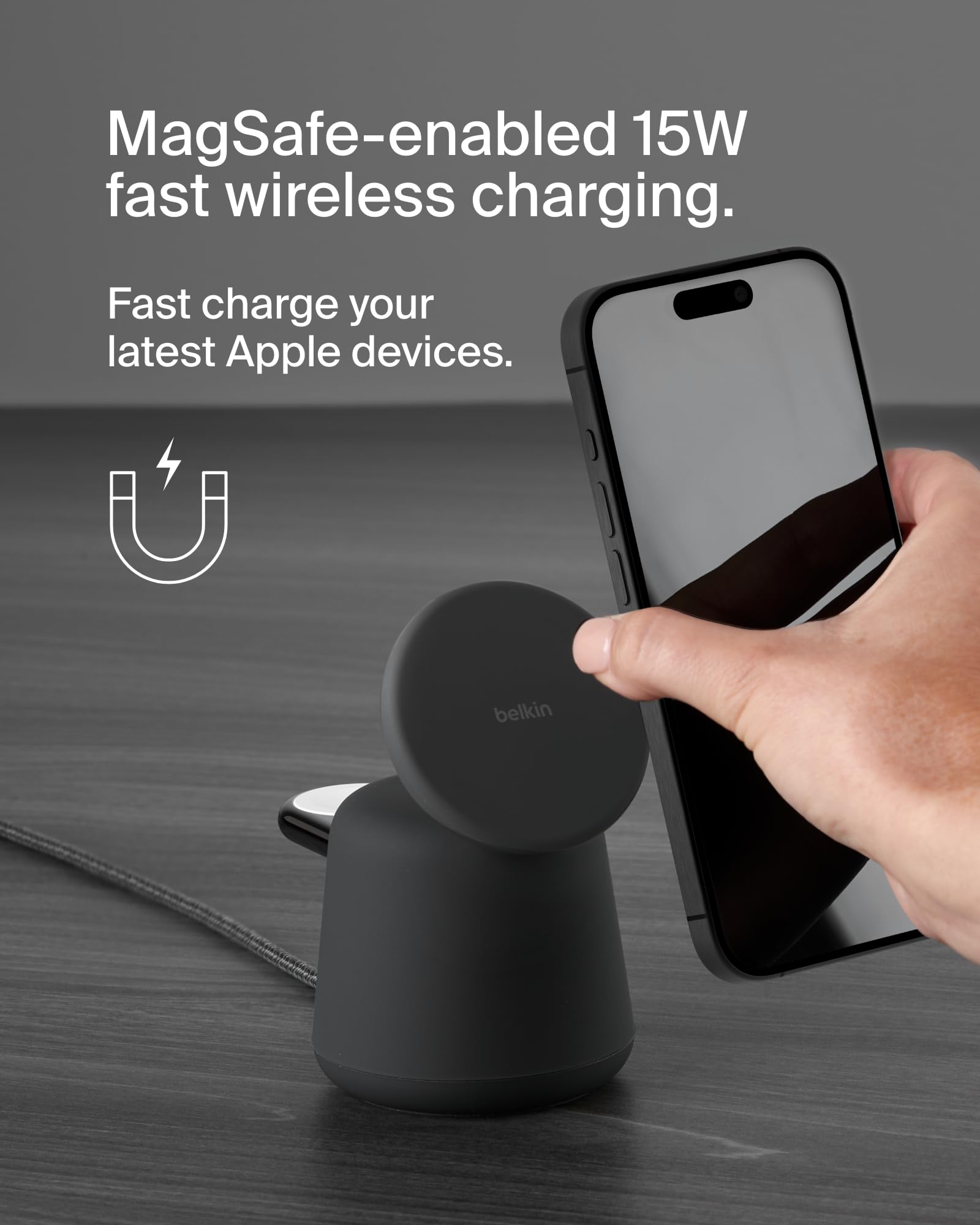 Belkin 2-in-1 MagSafe Wireless Charging Dock 15W Fast Charger for iPhone 16/15/14/13 Series & AirPods | Magsafe Compatible Devices | Includes Power Adapter (Black) - Perfect for Bedside, Office & Travel Charging