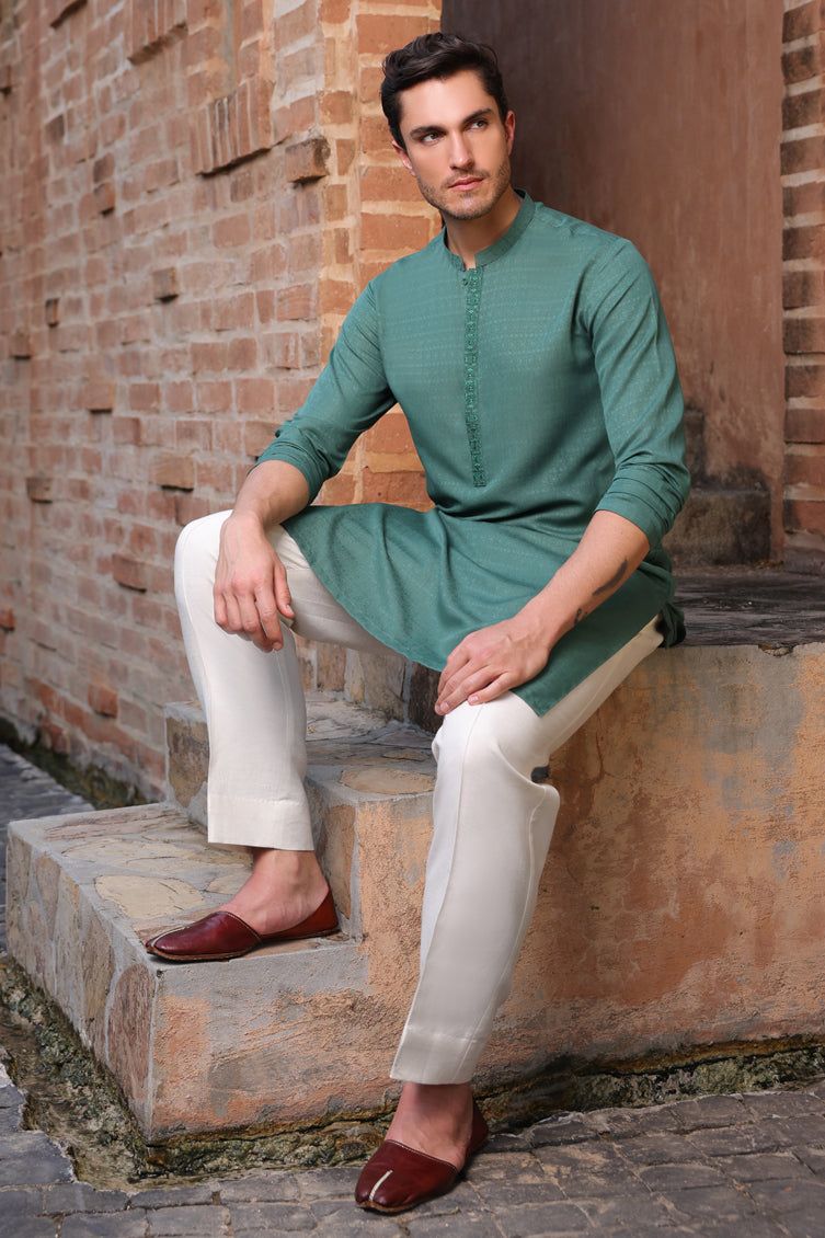 Stylish Blended Green Kurta by J. Junaid Jamshed - Premium Cotton Ethnic Wear for Men - Perfect for Festivals, Weddings & Casual Outings