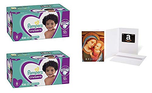 Pampers Cruisers Size 6 Disposable Baby Diapers - 108 Count (Pack of 2) with $20 Amazon Gift Card & Greeting Card (Madonna with Child Design) | Super Absorbent, Leak Protection for Active Babies | Perfect for Overnight Use, Daycare & Travel Essentials