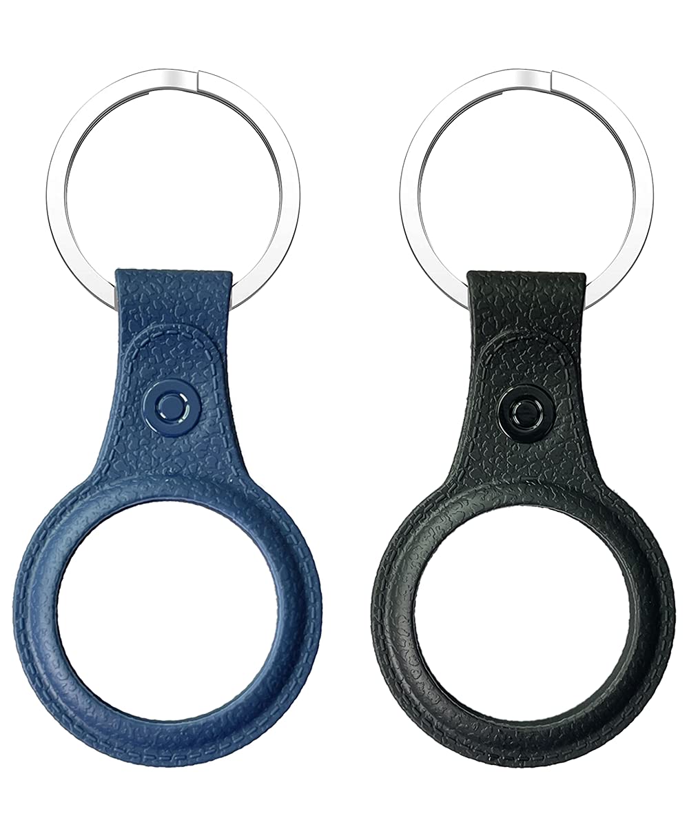 SunStory AirTag Case (2 Pack) - Premium Leather Pattern TPU Protective Cover with Keychain Ring for Apple AirTag Tracker (2021) - Blue & Black | Perfect for Keys, Luggage, Pets & Valuables Tracking