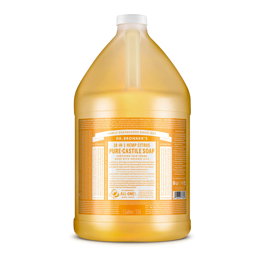 **Dr. Bronner's Organic Pure-Castile Liquid Soap - Citrus Scent, 1 Gallon - 18-in-1 Multipurpose Soap for Face, Body, Hair, Laundry, Pets & Dishes - Concentrated, Vegan, Non-GMO - Perfect for Home, Travel & Eco-Friendly Cleaning**