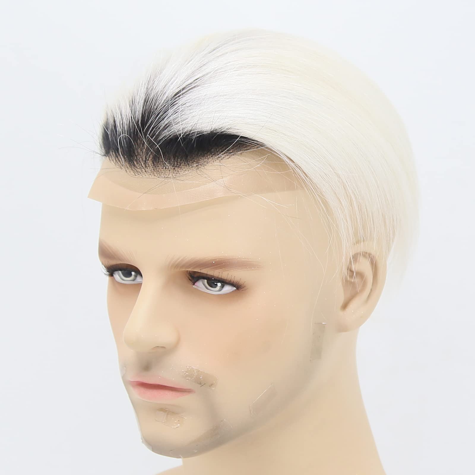 Premium 8x10 Inch Human Hair Toupee for Men - Black Roots Ombre Platinum Blonde #60 | Lace Front Hairpiece with Soft Thin Skin & PU Base | Natural Looking Hair Replacement System for Daily Wear & Special Occasions