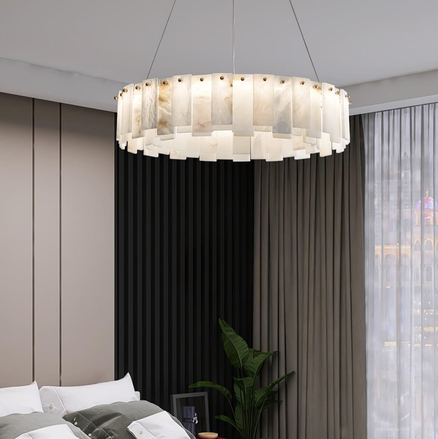 Celestial Alabaster Round Chandelier - Modern Crystal Ceiling Light Fixture for Dining Room, Bedroom & Living Room | Elegant Home Decor Lighting