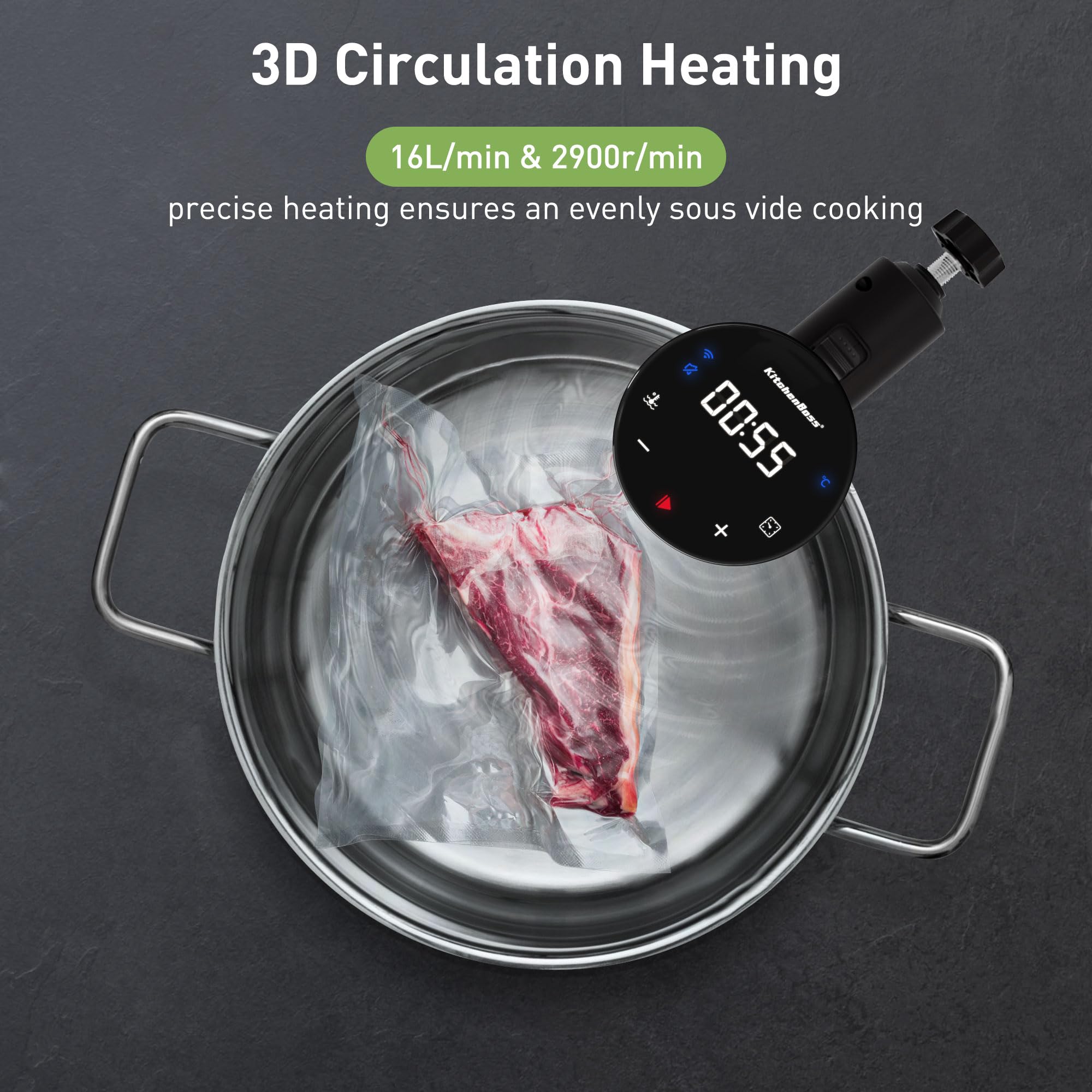 KitchenBoss WiFi Sous Vide Cooker 1100W - Smart Immersion Circulator for Precise Cooking with App Control | Perfect for Steak, Chicken, Fish & Vegetables | Silver Professional Sous Vide Machine for Home Chefs