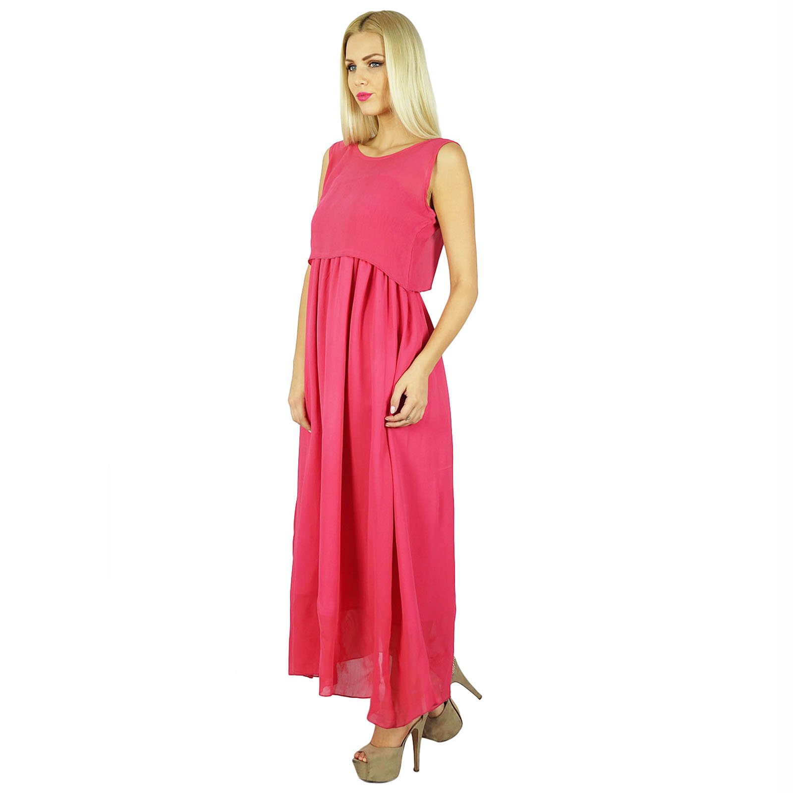 Bimba Women's Long Maxi Dress 2 Piece Set - Flowy Georgette Smocked Gown with Ruffle Sleeves - Perfect for Beach Vacation, Summer Party & Boho Wedding