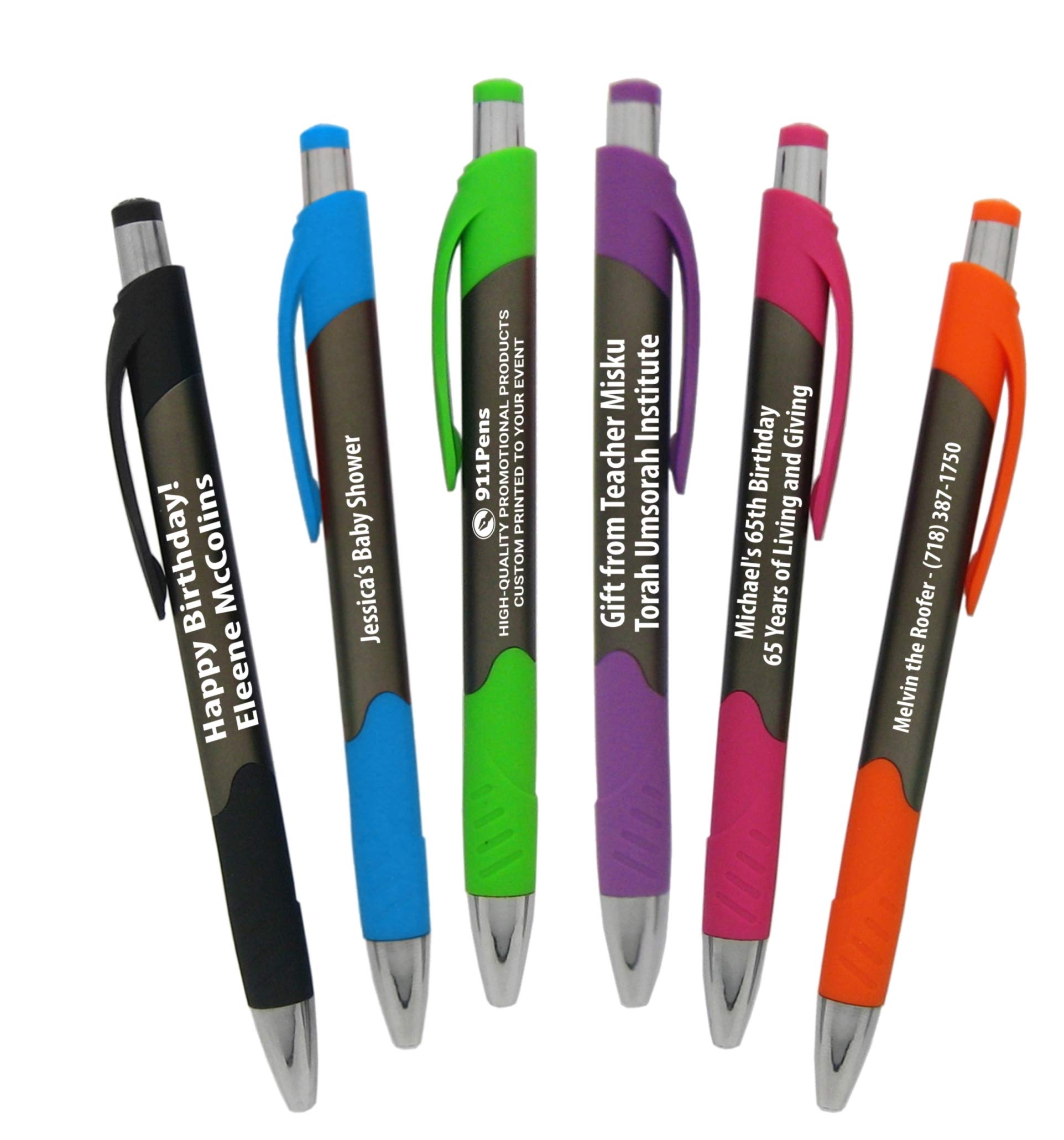200 Pack Custom Printed Ballpoint Pens with Smooth Rubber Grip - Personalized Logo & Text Branding Pens for Office, School & Promotional Events - Bulk Novelty Clicker Pens with Solid Barrel & Assorted Trim Colors
