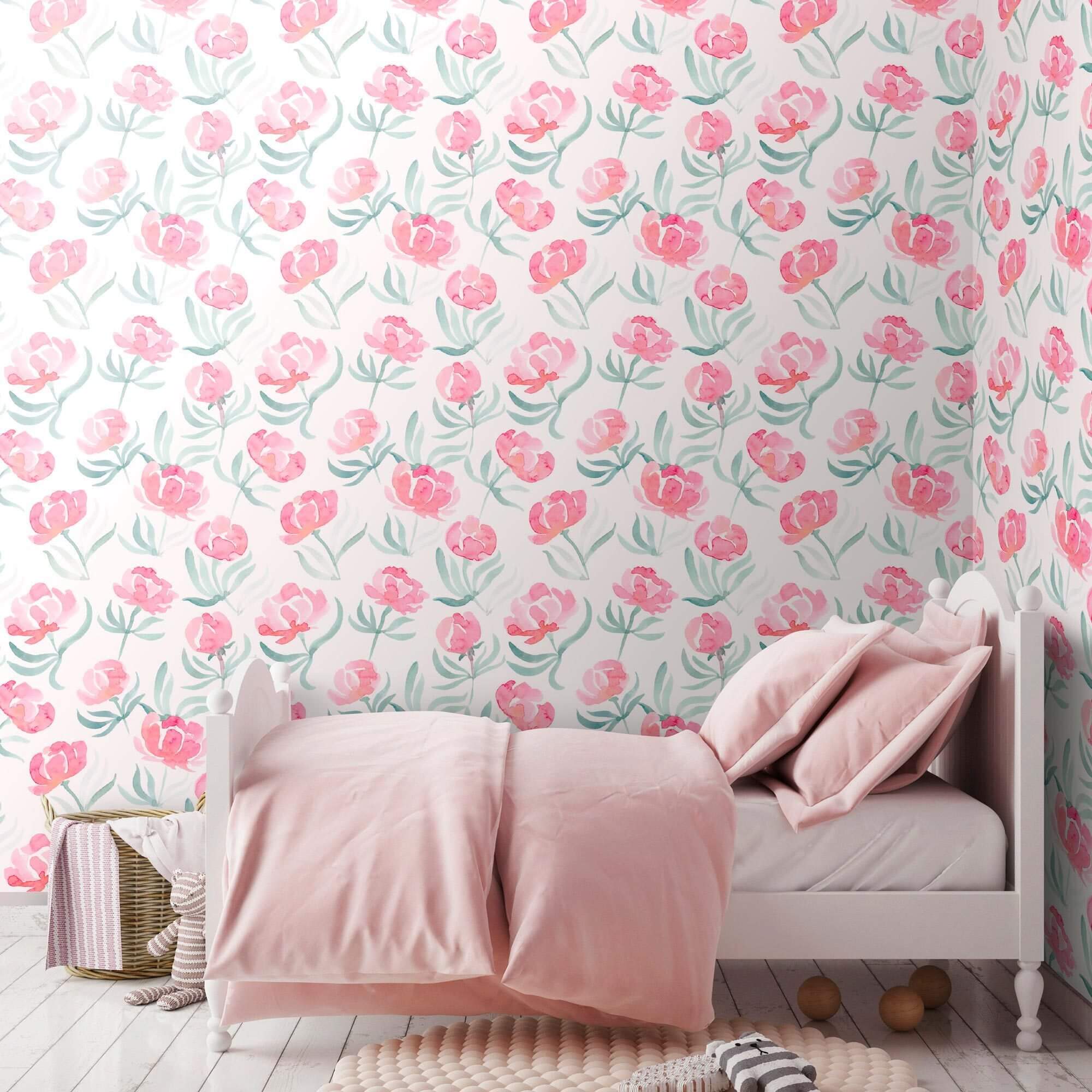 Pink and Red Watercolor Floral Peel and Stick Removable Wallpaper - Self-Adhesive Decorative Wall Covering for Bedroom, Living Room, Nursery & Home Decor