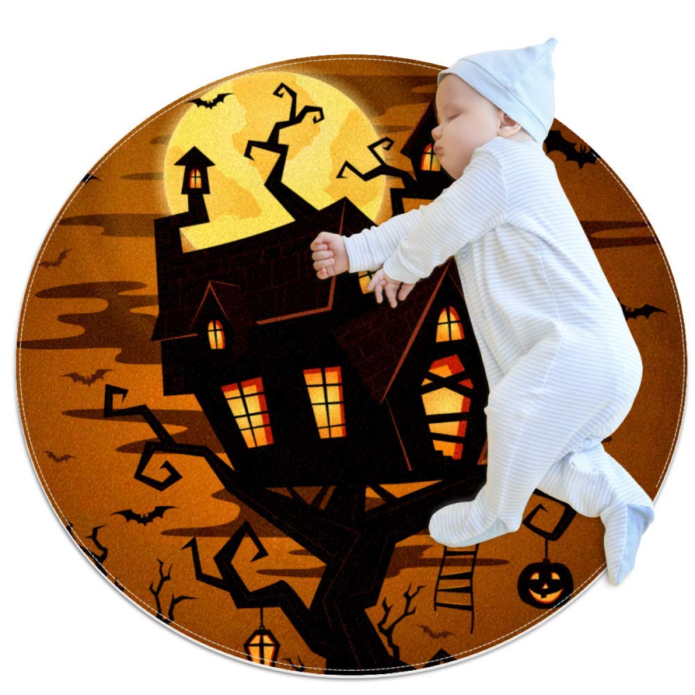 Halloween Castle Nursery Rug - 39.4x39.4 Inch Round Soft Modern Non-Slip Floor Rug for Baby Room Decor | Perfect for Halloween Themed Kids' Bedroom & Playroom Decorations