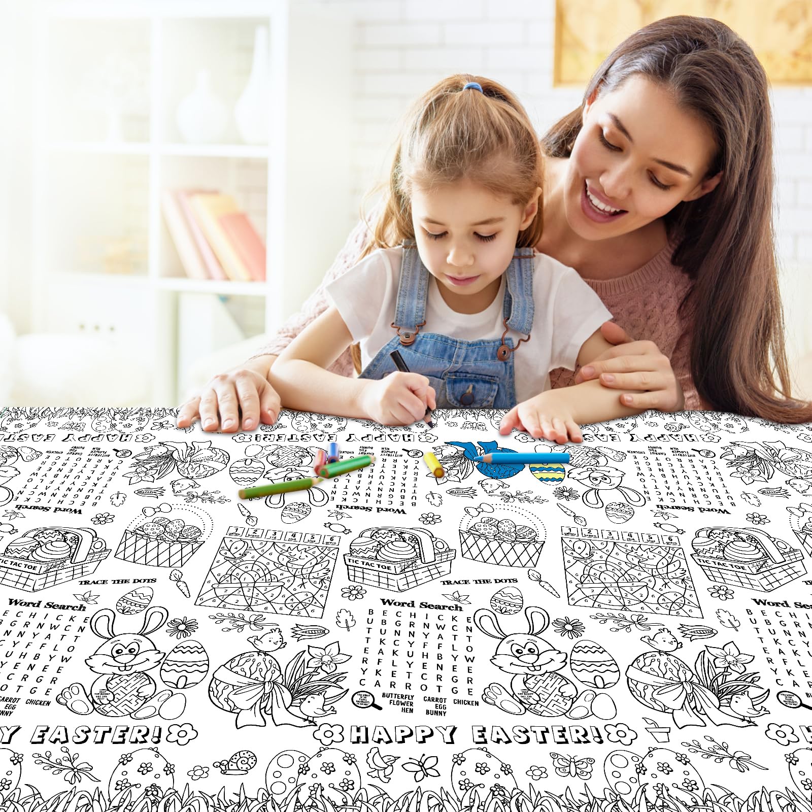 Happy Easter Coloring Tablecloth for Kids - Giant 54 x 108 Inch Easter Bunny Activity Table Cover | Spring Party Decorations, DIY Crafts & Easter Egg Hunt Supplies | Perfect for Classroom Activities & Family Gatherings
