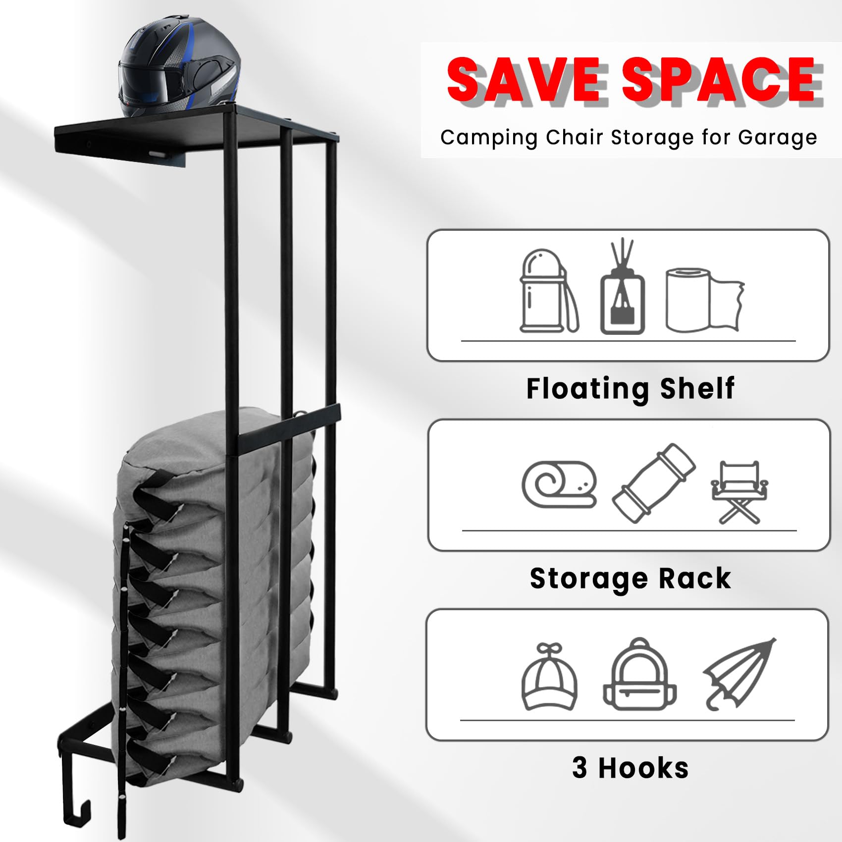 Heavy Duty Metal Camping Chair Wall Mount Storage Rack with 3 Hooks - Garage Organization Solution for Camping Chairs, Beach Chairs & Umbrellas - Space Saving Wall Shelves for Garage, Basement, Shed or Outdoor Storage