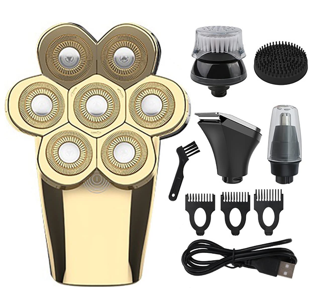 Premium 7-Blade Electric Razor for Men - 5-in-1 Rechargeable Shaver with Floating Heads, Beard Trimmer & Hair Clipper | Portable Wet/Dry Shaving Machine for Travel & Home Use (Gold) - Perfect for Daily Grooming, Business Trips & Gifts