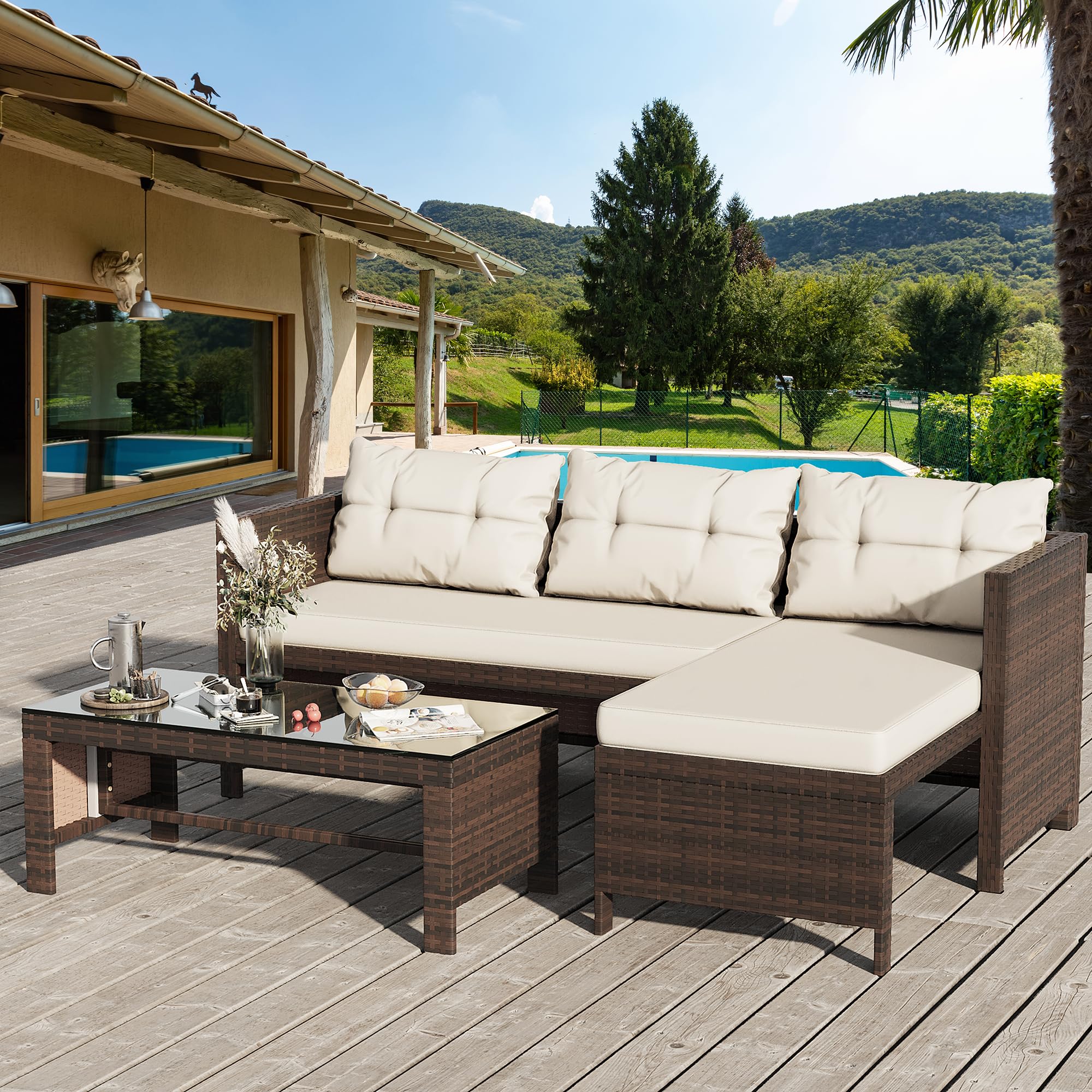 Shintenchi 3-Piece All-Weather Wicker Patio Furniture Set with Cushions & Glass Coffee Table - Outdoor Sectional Sofa for Garden, Poolside, Deck (Beige) | Durable Rattan Seating for Backyard, Patio & Balcony