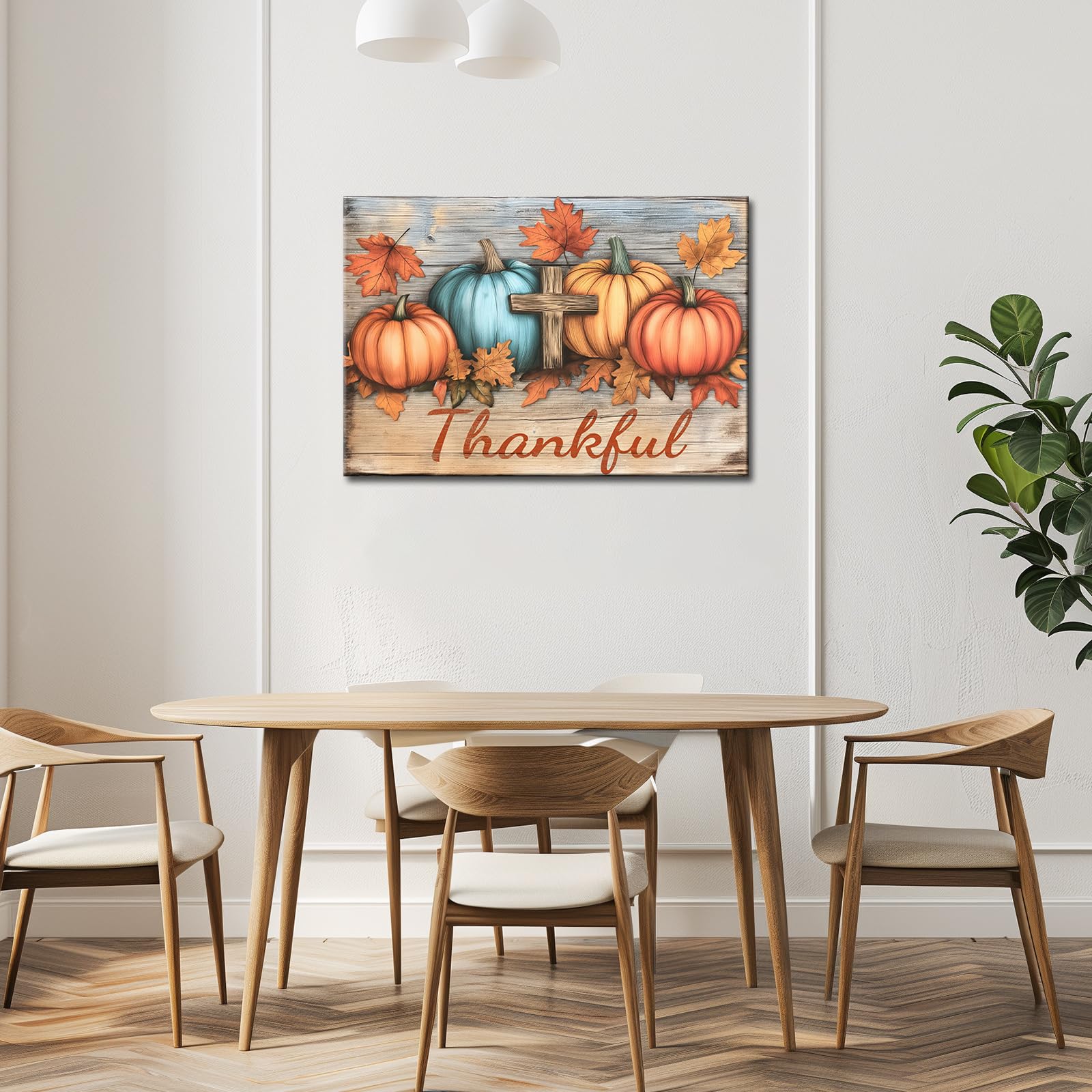 Fall Pumpkin Canvas Wall Art - Thanksgiving & Halloween Decor, Farmhouse Christian Print with Fall Leaves & Thankful Phrase - Framed Picture for Living Room, Bedroom, or Entryway Decor