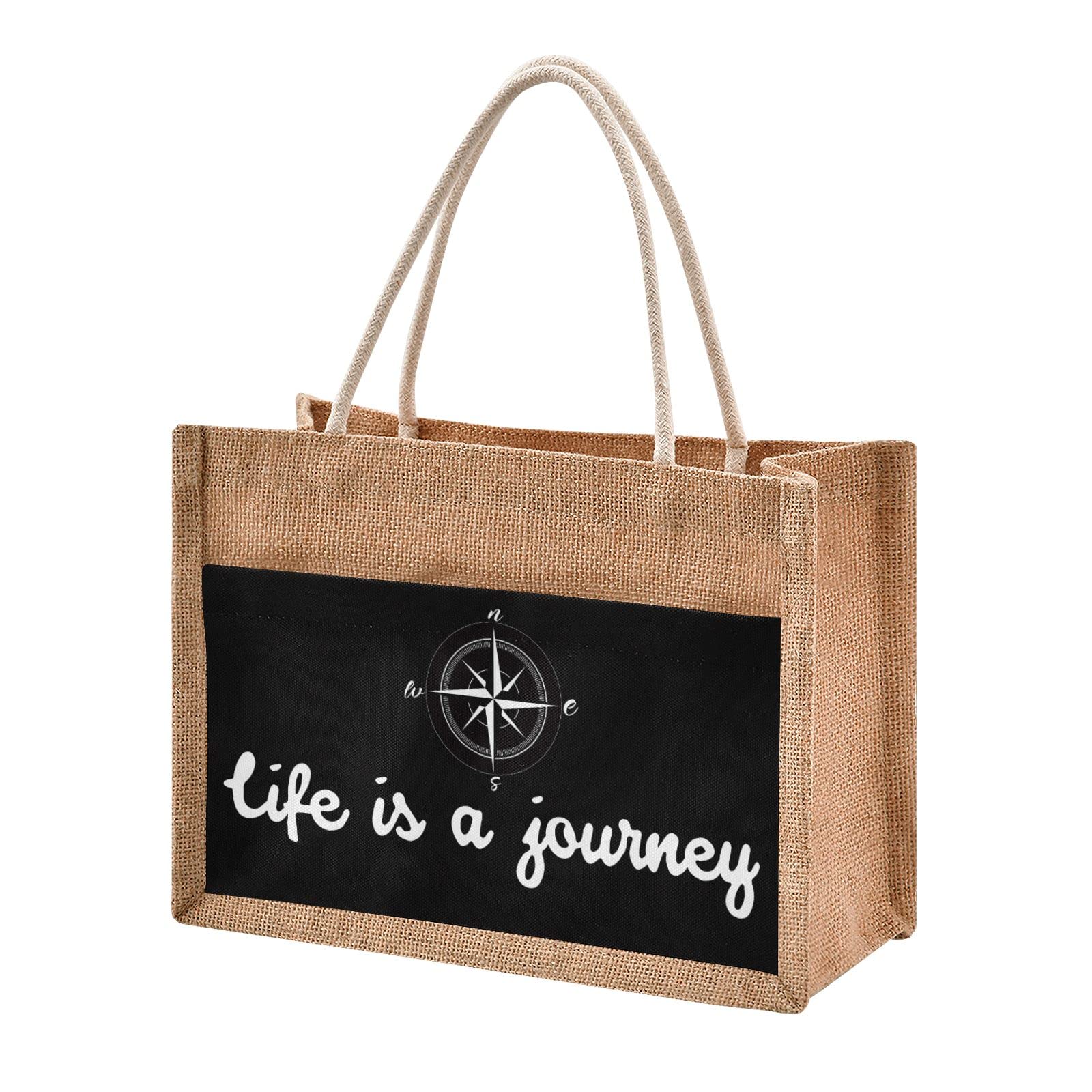 Linqin Life Is A Journey Jute Tote Bag - Waterproof Burlap Straw Grocery Shopping Bag for Women, Eco-Friendly Reusable Beach Tote - Perfect for Travel, Market, Picnic & Daily Use