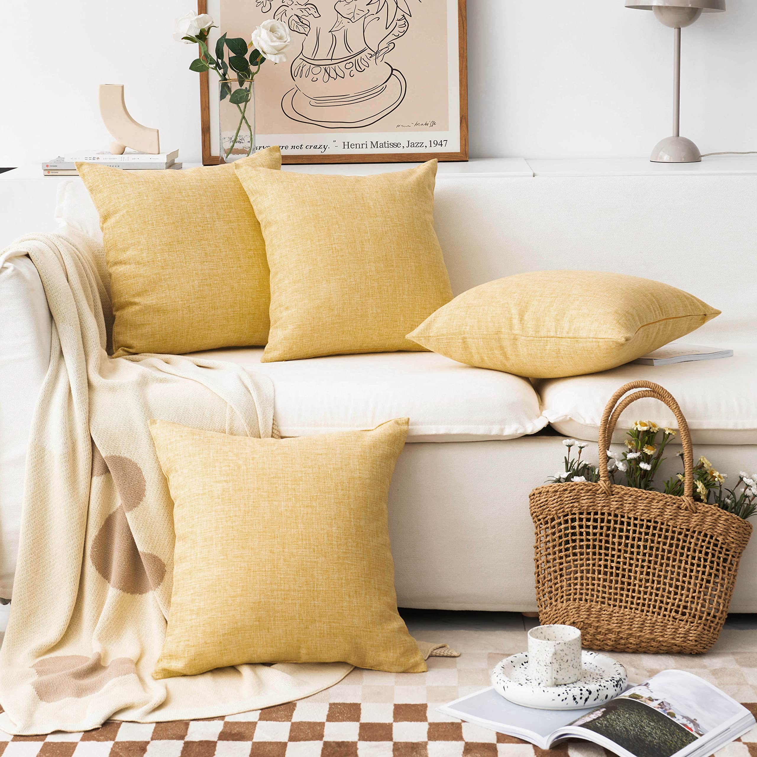Premium 18x18 Inch (45cm) Burlap Lined Linen Throw Pillow Covers Set of 4 - Textured Spring Yellow Decorative Cushion Covers for Sofa, Couch & Bed - Easter Home Decor & Seasonal Living Room Accents