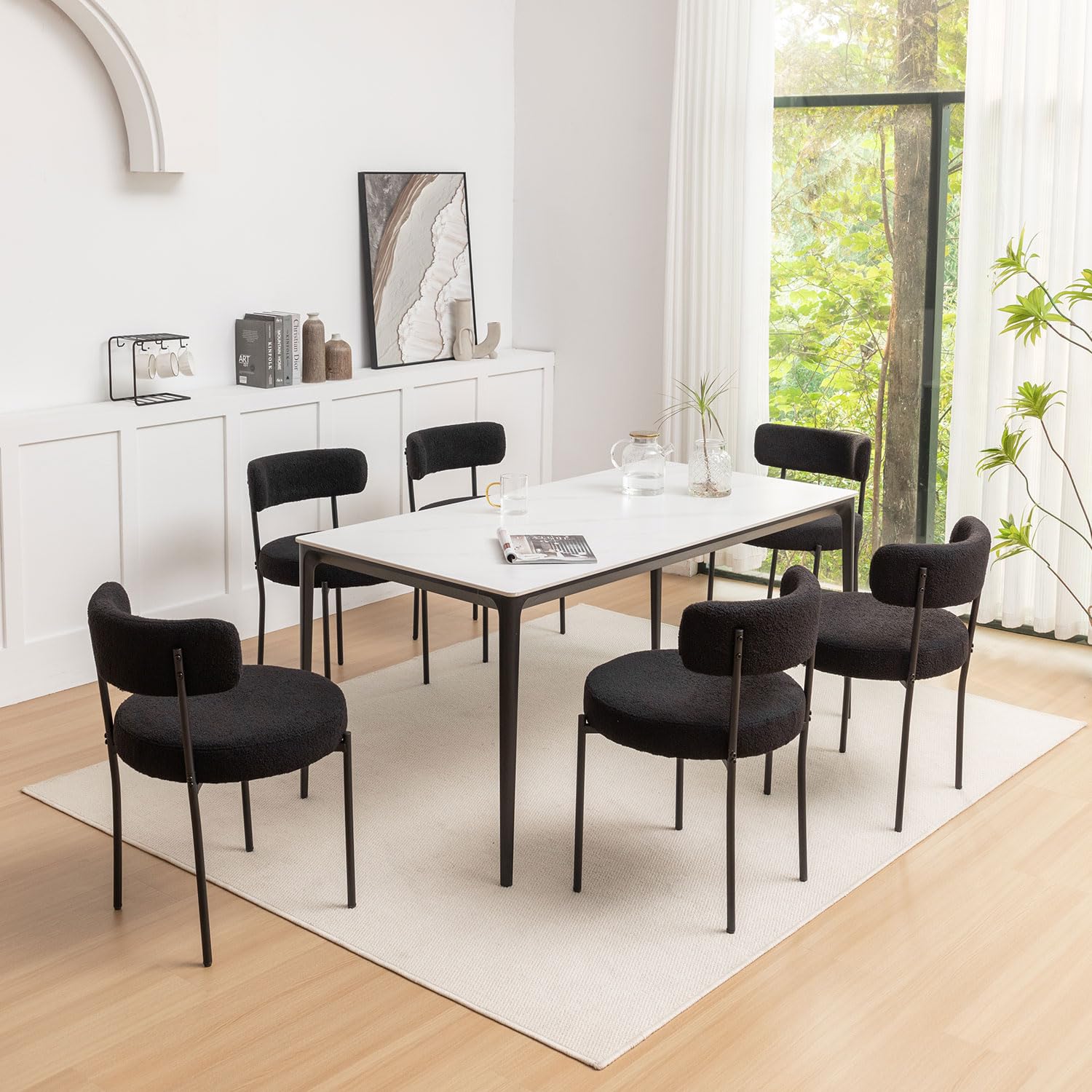Boucle Dining Chairs Set of 4 - Round Upholstered Modern Chairs with Black Metal Legs for Dining Room, Kitchen, Living Room, Office, and Small Spaces (Black)