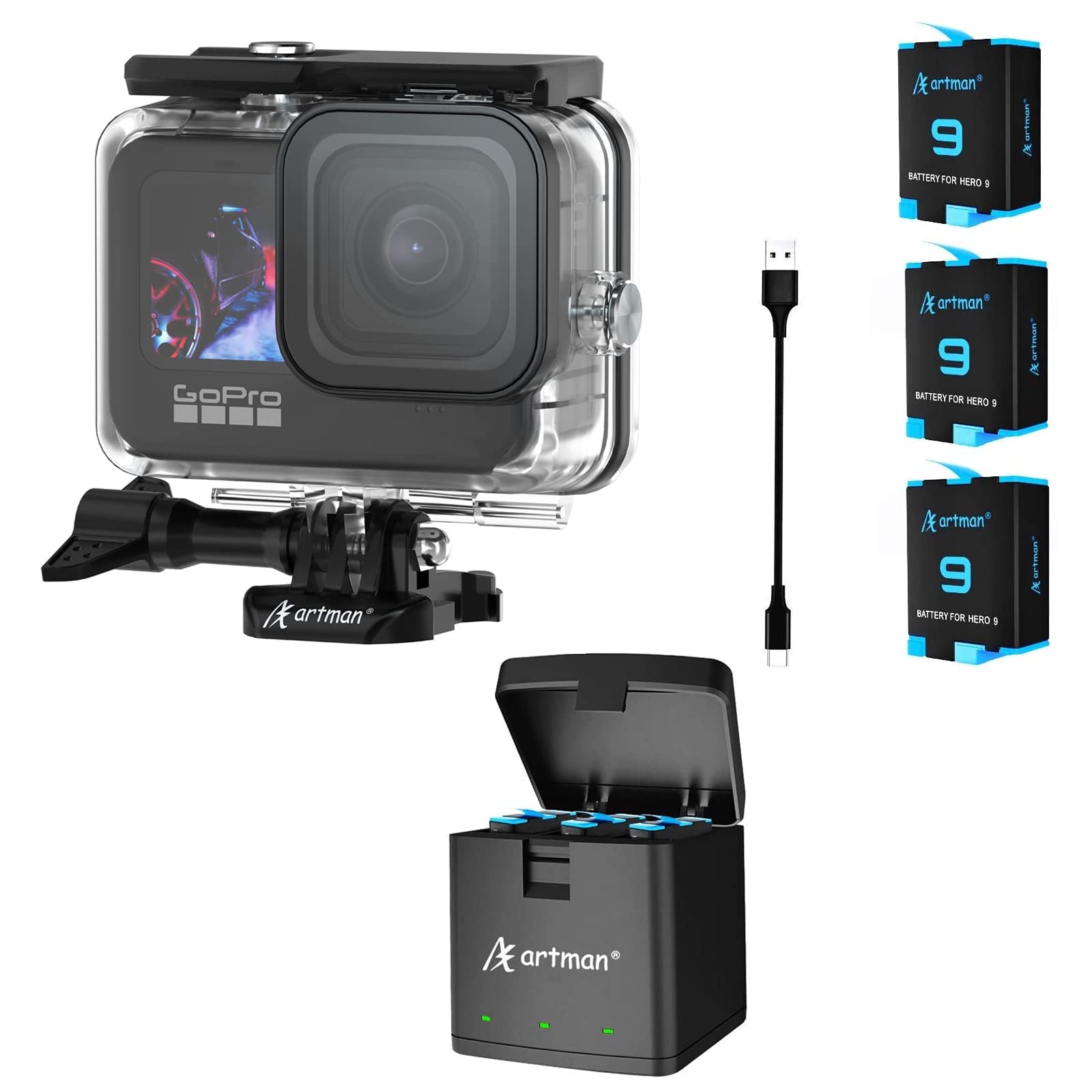 Artman Hero 9/10 Replacement Batteries 3-Pack & Waterproof Housing Case - Compatible with GoPro Hero 9/10 - Perfect for Underwater Adventures, Vlogging & Action Sports