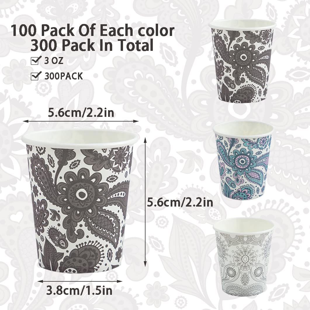 [300 Pack] 3 oz Disposable Paper Cups - Small Bathroom Cups for Mouthwash, Travel & Parties | Eco-Friendly Mini Paper Cups for Supermarkets, Events, Picnics, BBQs & Home Use (Paisley Design)