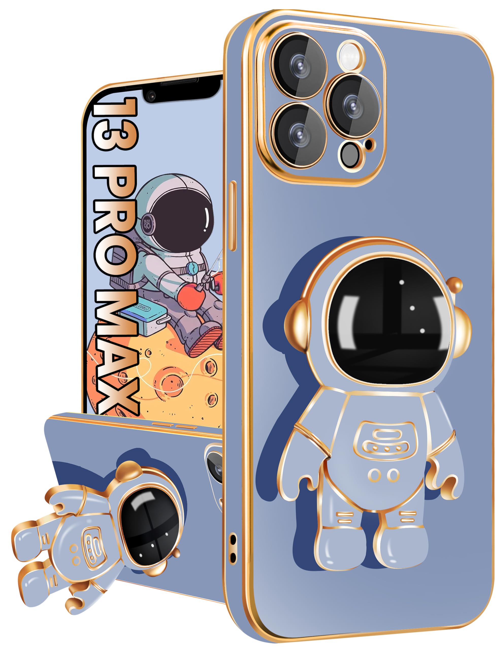 Loheckle Astronaut Phone Case for iPhone 13 Pro Max - 6D Plating Cute Astronaut Design with Hidden Stand & Camera Protector - Dark Blue - Perfect for Space Enthusiasts & Everyday Protection