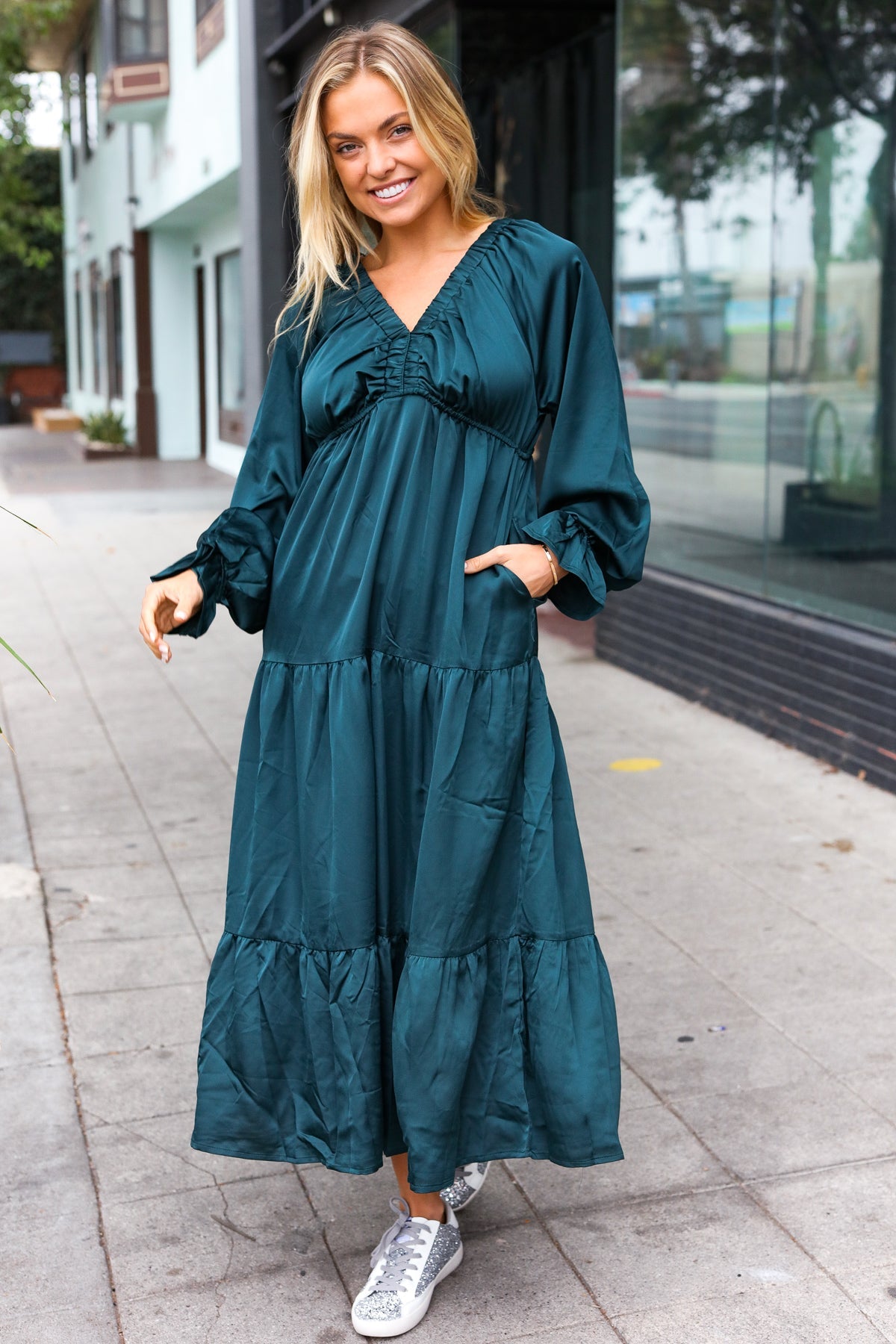 Elegant Hunter Green Elastic V-Neck Tiered Satin Maxi Dress for Women - Perfect for Weddings, Parties & Special Occasions