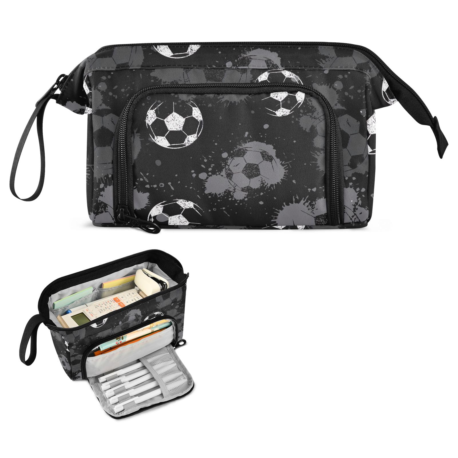 Joisal Abstract Football Black Watercolor Pencil Case with Multiple Compartments - Small Makeup Bag, Pen Organizer Pouch for School, Office & Travel Accessories Storage