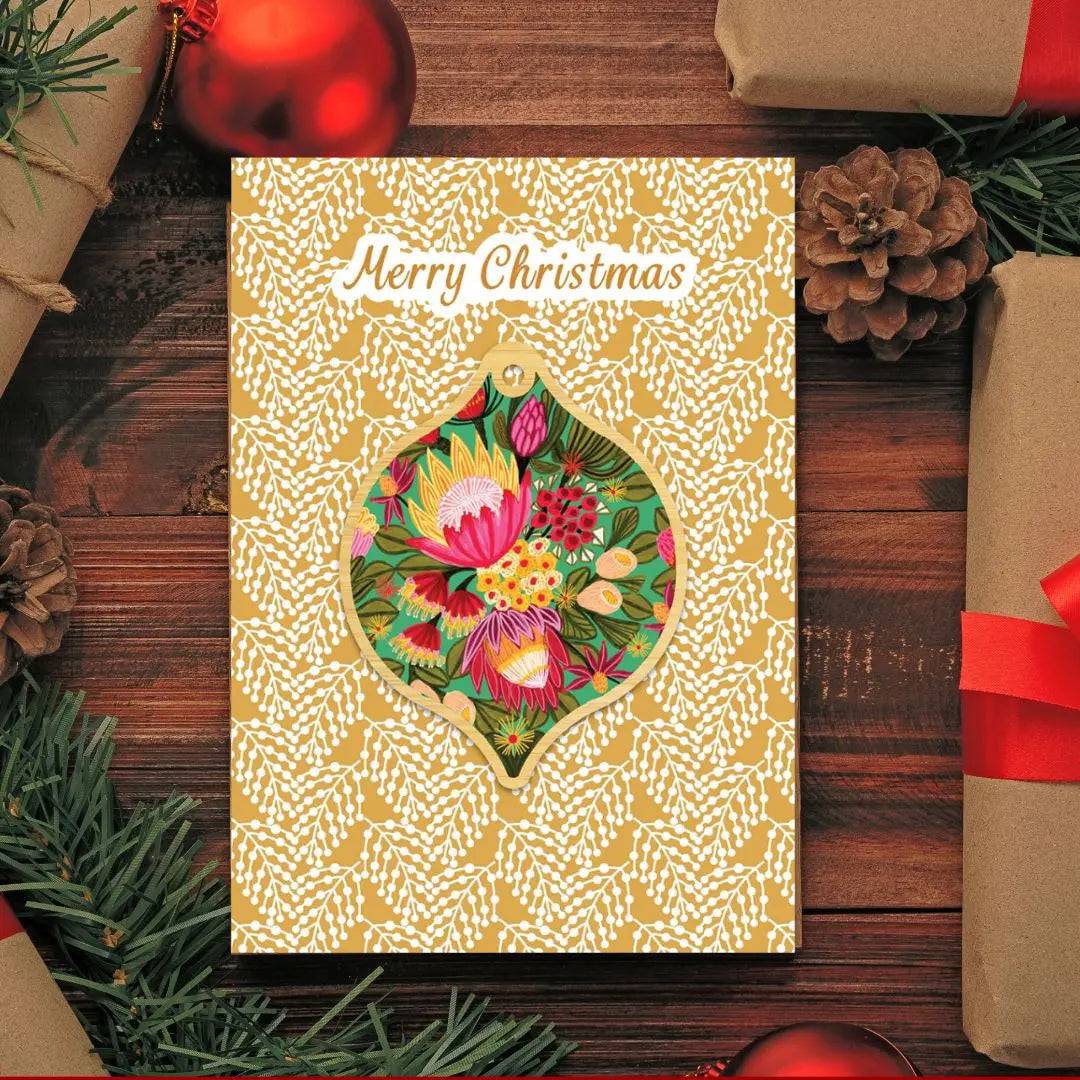King Proteas Christmas Card & Wooden Ornament Set - Handcrafted Holiday Greeting Cards with Floral Design - Perfect for Christmas Decorations, Gift Giving and Holiday Celebrations