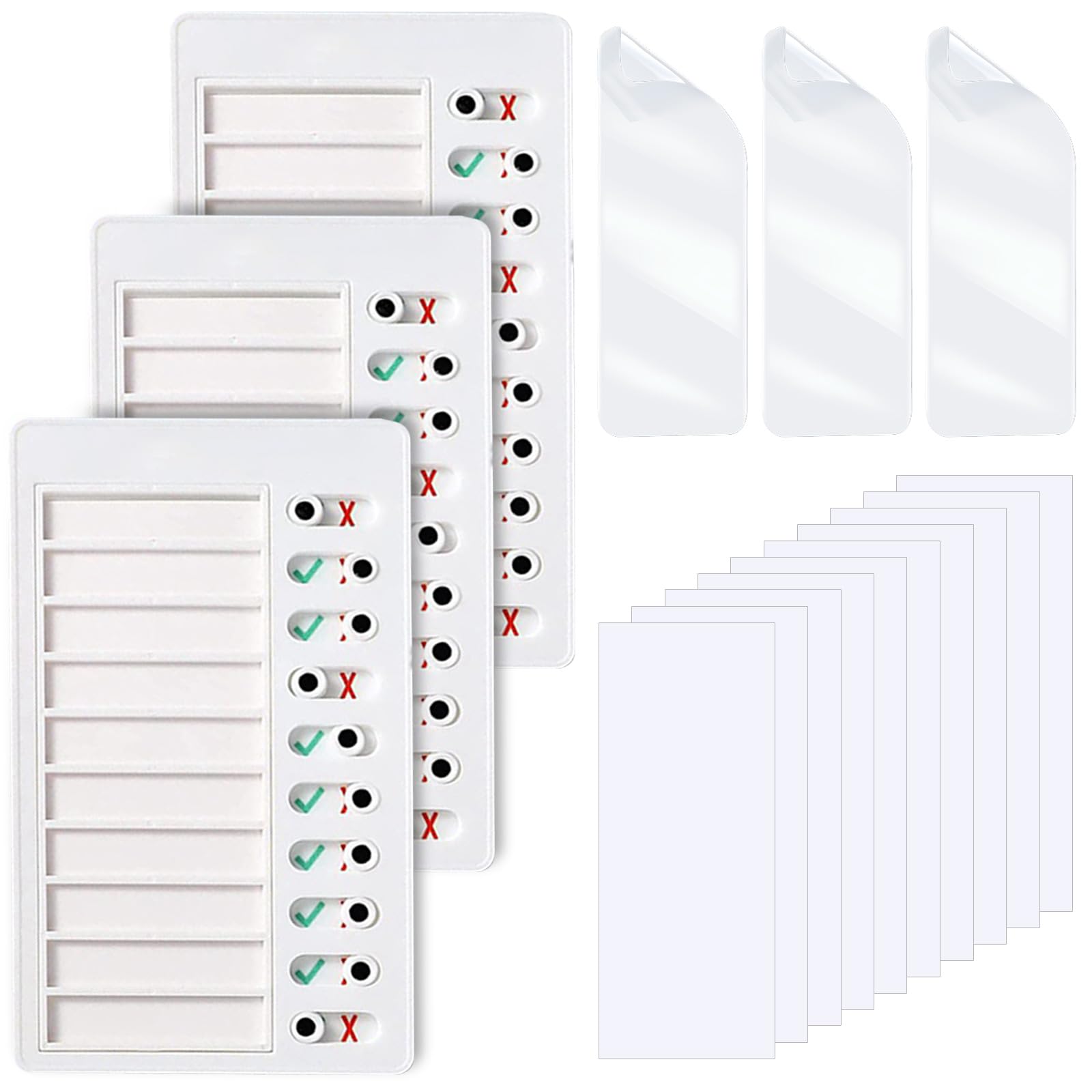 3-Piece Plastic Memo Board Set with Detachable Message Boards - Dry Erase Checklist Sliders & Schedule Planners - Includes 3 Acrylic Adhesive Pads & 10 Cardstock Accessories for Home, Office & Classroom Organization