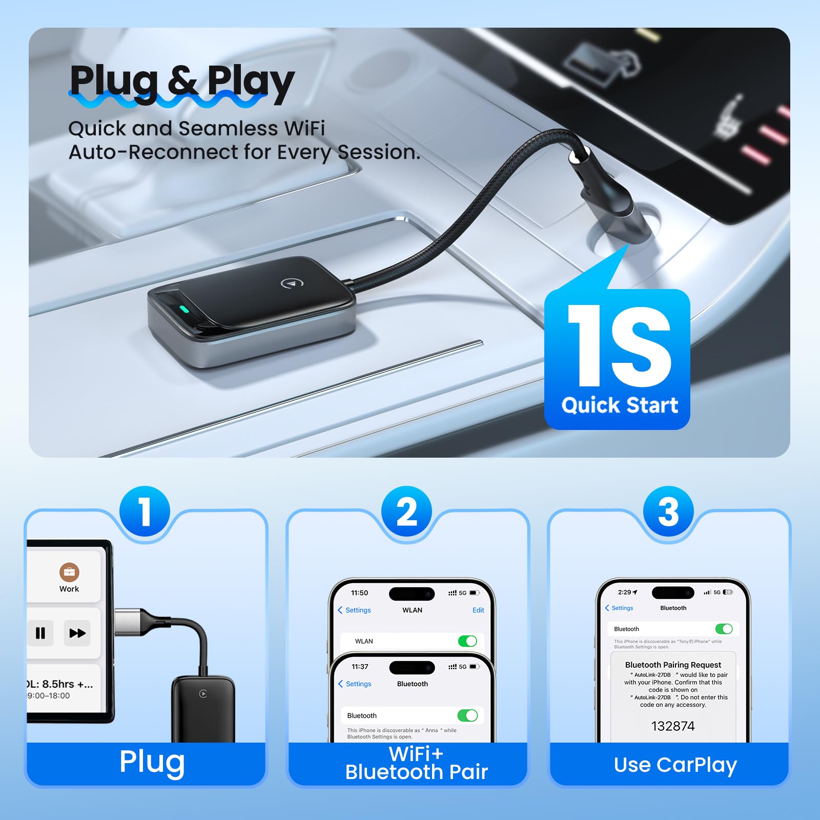 Wireless CarPlay Adapter for iPhone - Convert Wired to Wireless Apple CarPlay - Compatible with iOS 10+ & Cars 2016+ - Mini Size Plug & Play - Stable Connection for Commuting & Road Trips