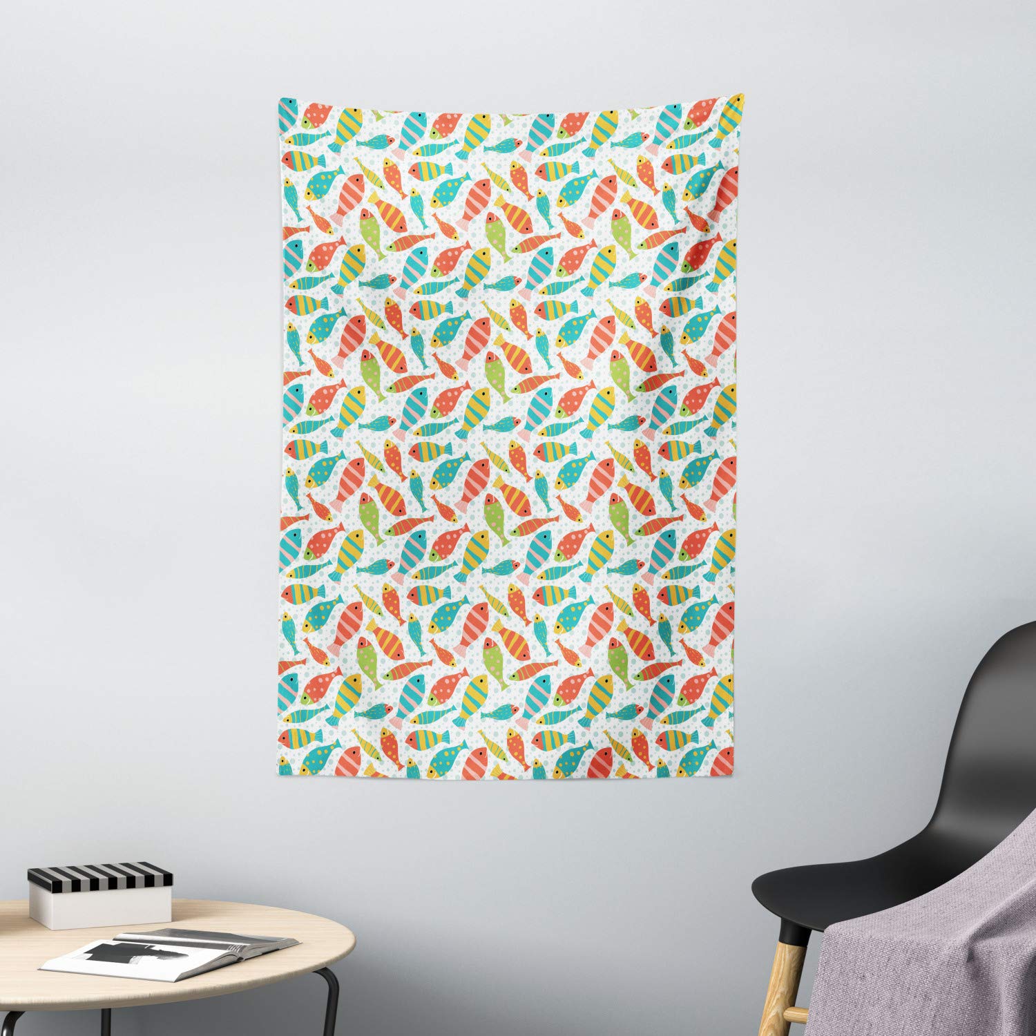 Ambesonne Colorful Smiling Fish Tapestry - Whimsical Underwater Wall Art Decor for Bedroom, Living Room, Dorm | 40x60 Inch Ocean Theme Tapestry with Sea Bubbles Background | Perfect for Kids Room, Beach House Decor & Boho Style Interior Design