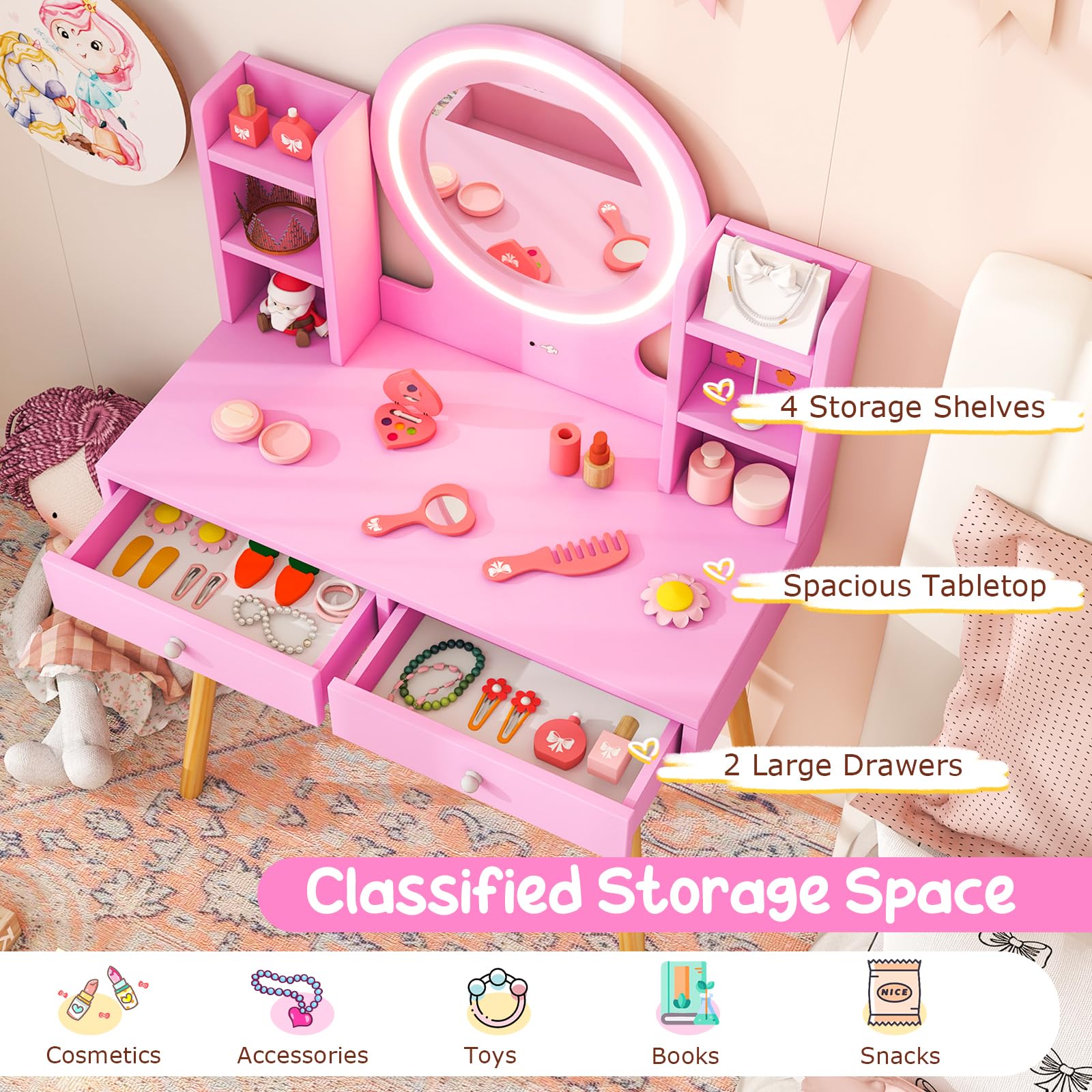 Costzon Pink Wooden Kids Vanity Set with Mirror, Stool, Lights & Storage - Toddler Makeup Dressing Table for Pretend Play, Birthday Gifts for Girls - Perfect for Bedroom Decor & Role Play Activities