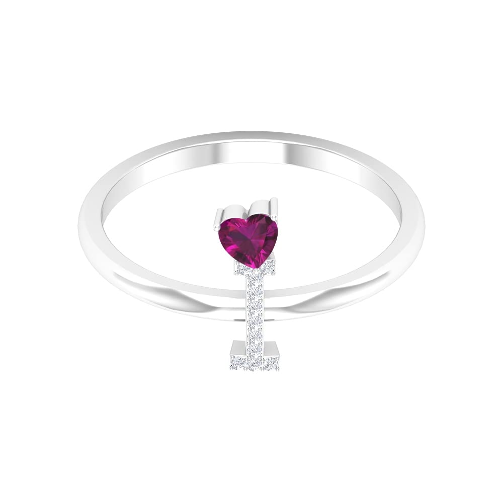 Rosec Jewels 14K White Gold Rhodolite & Diamond Initial Rings for Women - A to Z Alphabet Letter Rings, Heart Design, Perfect for Birthdays, Anniversaries & Gifts